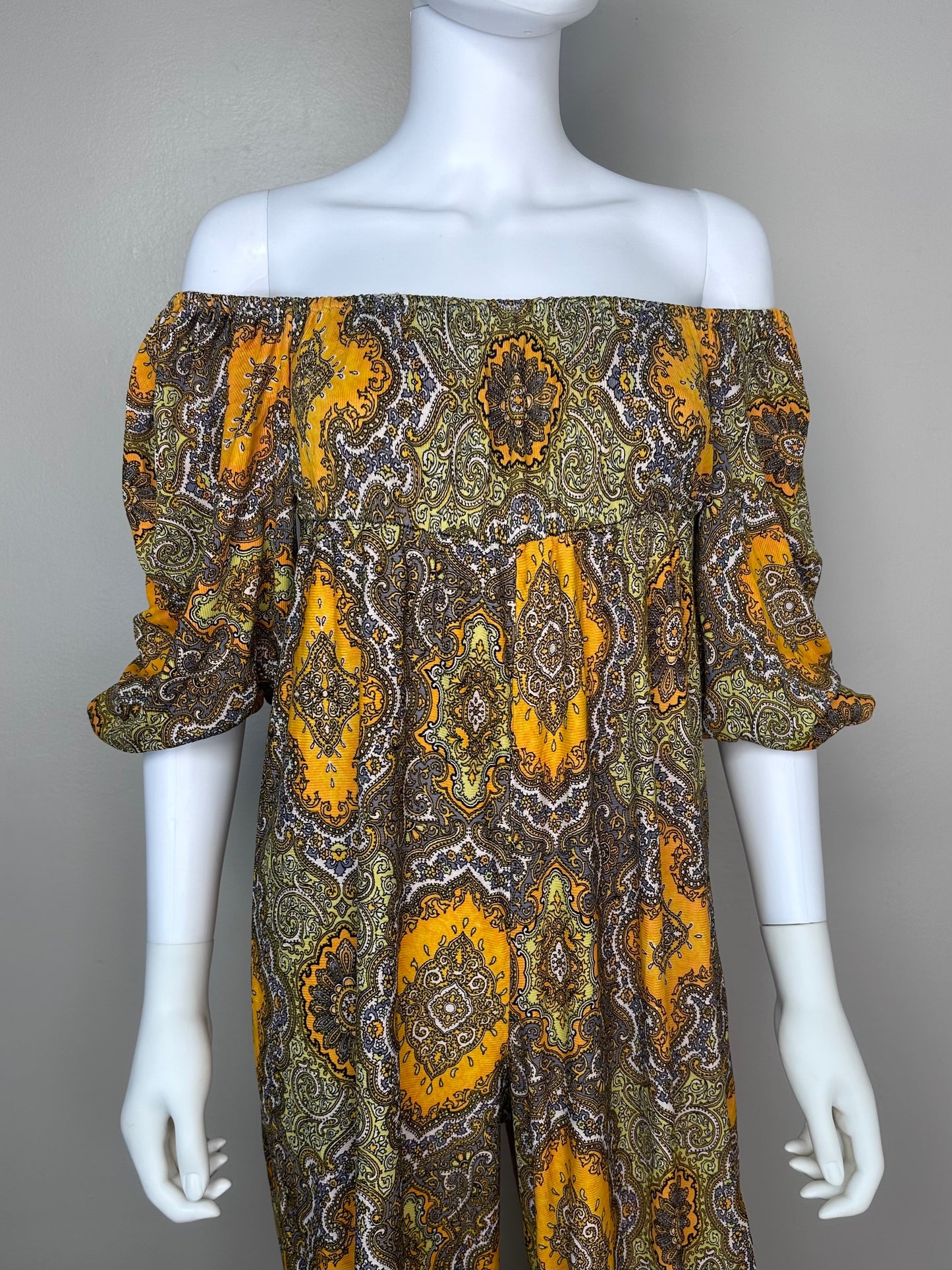 1970s Orange Paisley Print Jumpsuit, Size XS, Wide Leg, Empire Waist, Elastic Neck