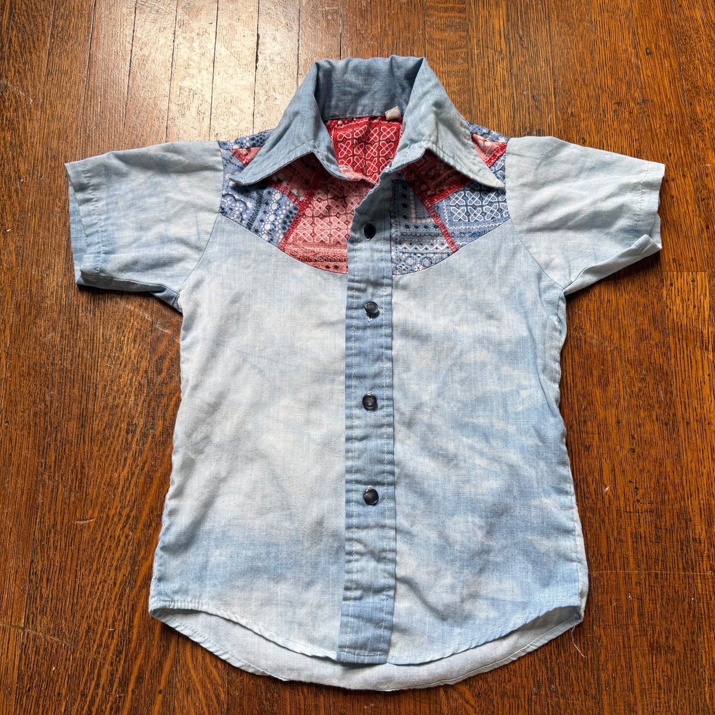 1970s Kids’ Western Shirt, Blue Cloudy Dye and Bandana Patchwork, Size 6