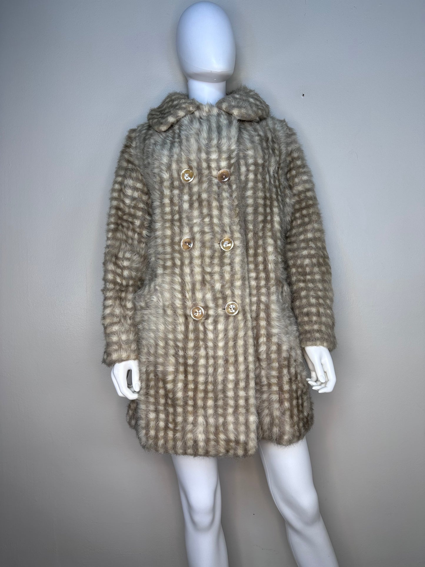 1960s Tan Plaid Faux Fur Coat, Size Small