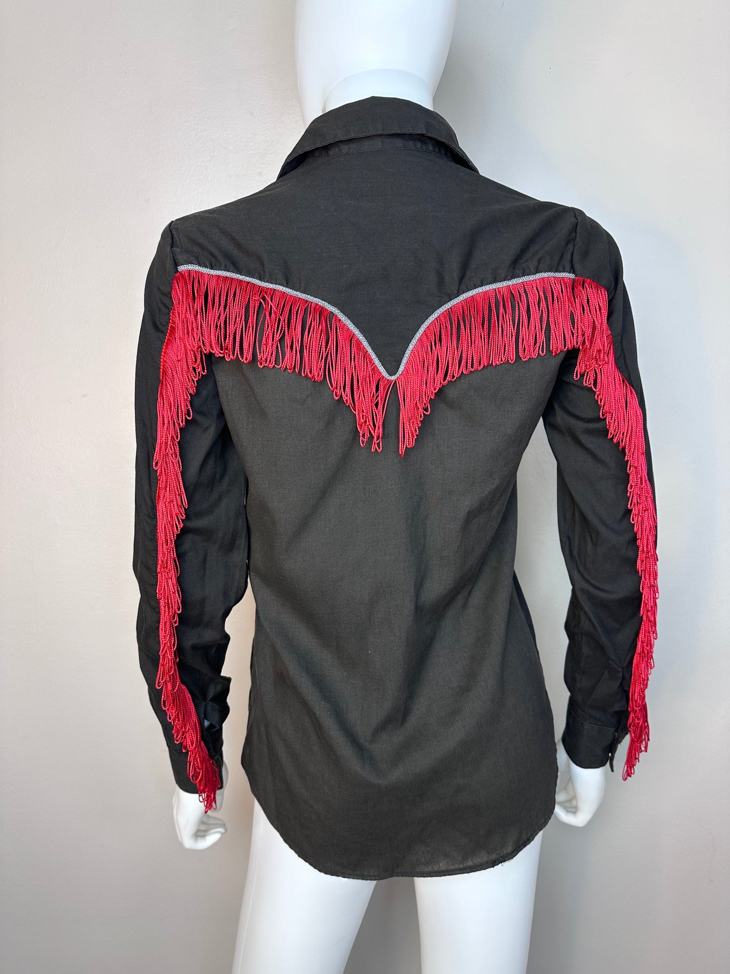 1970s Women’s Black Western Shirt with Red Fringe, Rockmount Ranch Wear Size Small, Cowgirl