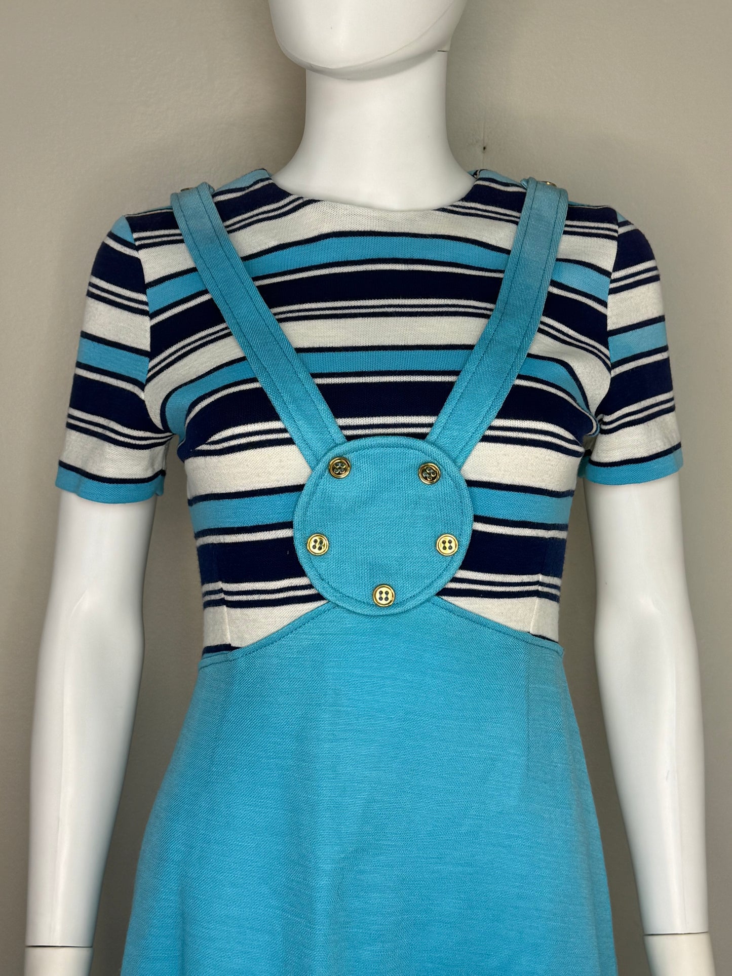 1960s Aqua Blue Mod Mini Dress, Size XS/Small, Faux Overall Jumper, Stripes