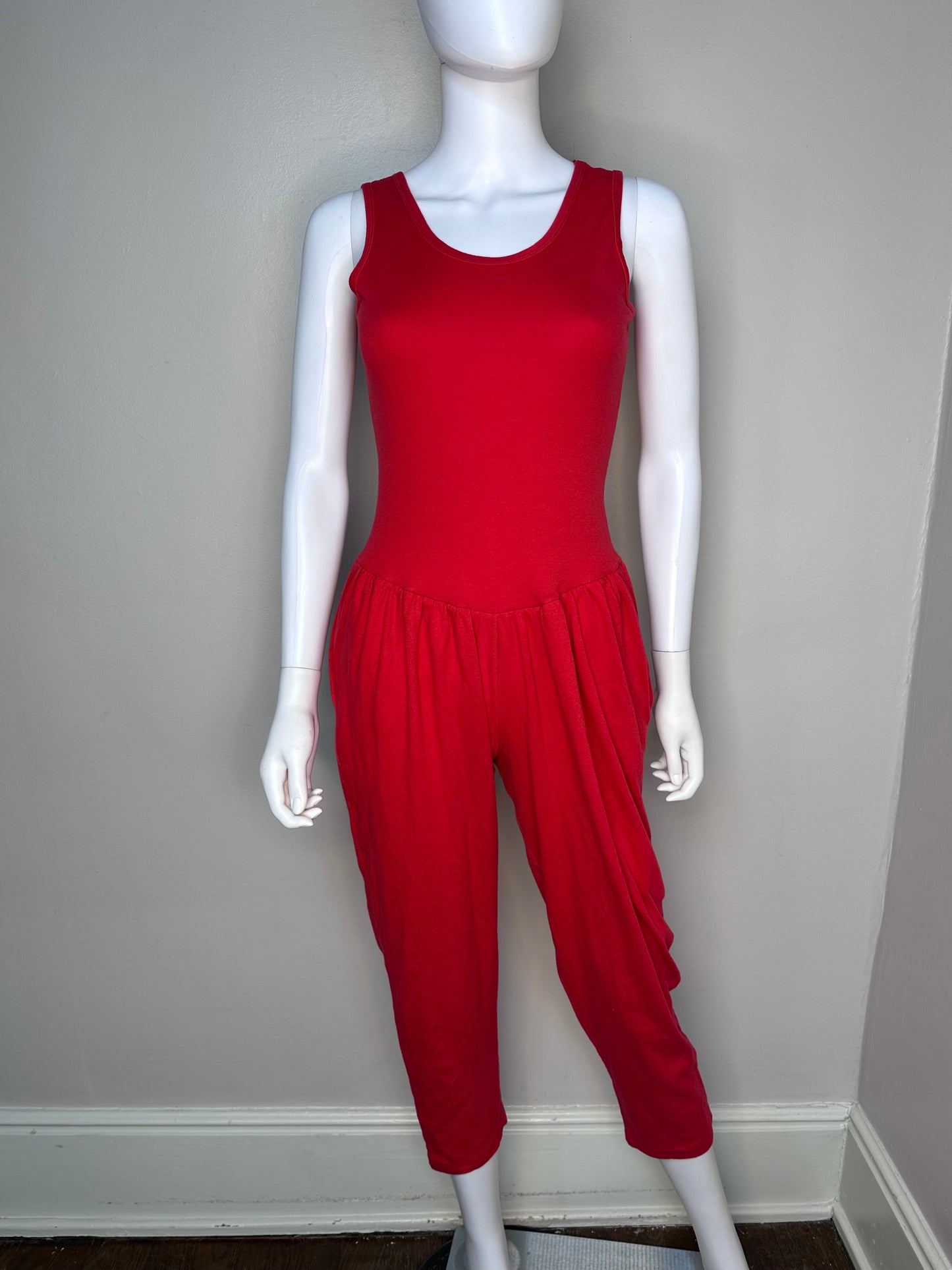 1980s Red Knit Jumpsuit, Miss Dira New York Size Small