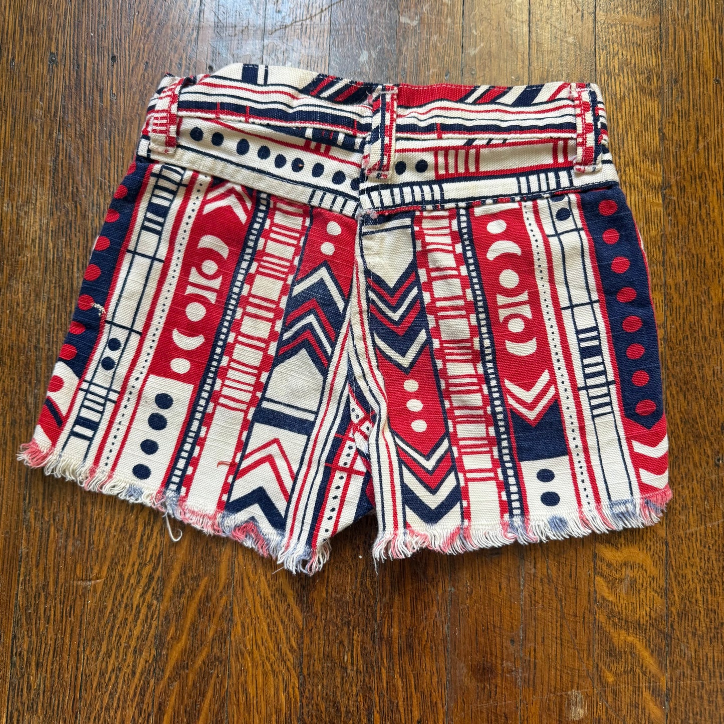 1970s Printed Denim Shorts, Cut Offs, Kids 4/5, Red White and Blue Geometric Stripe