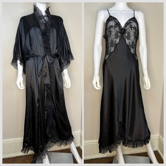 1980s Christian Dior Lingerie Peignoir Set, Nightgown and Robe, Black Satin and Lace, Size Medium