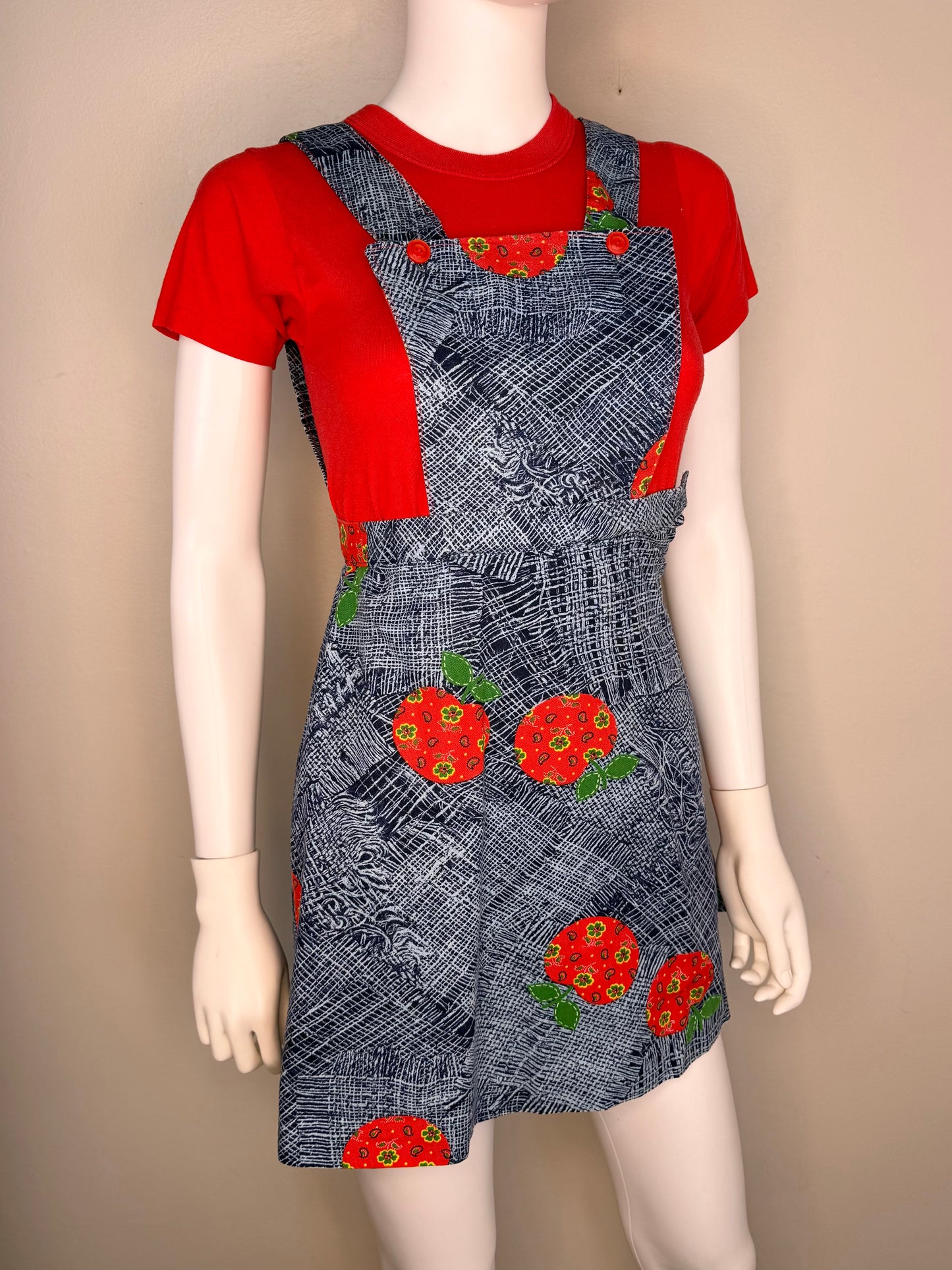 1970s Girls’ Jumper, Low Back Overall Dress, Apple Print, Handmade Size 8