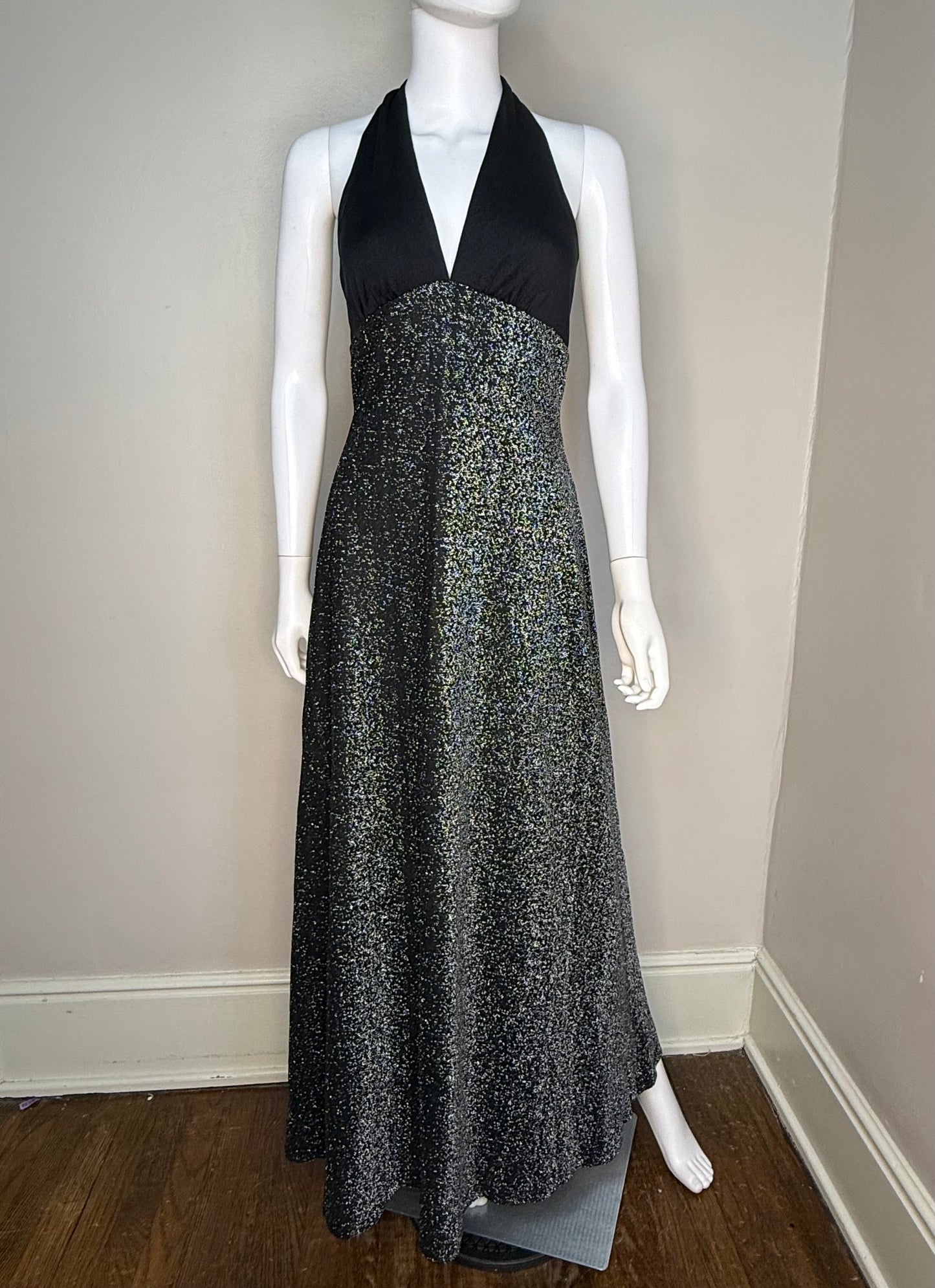 1970s Black and Silver Lurex Halter Maxi Dress with Coverlet, Tie Front Blouse, Corky Craig Size XS