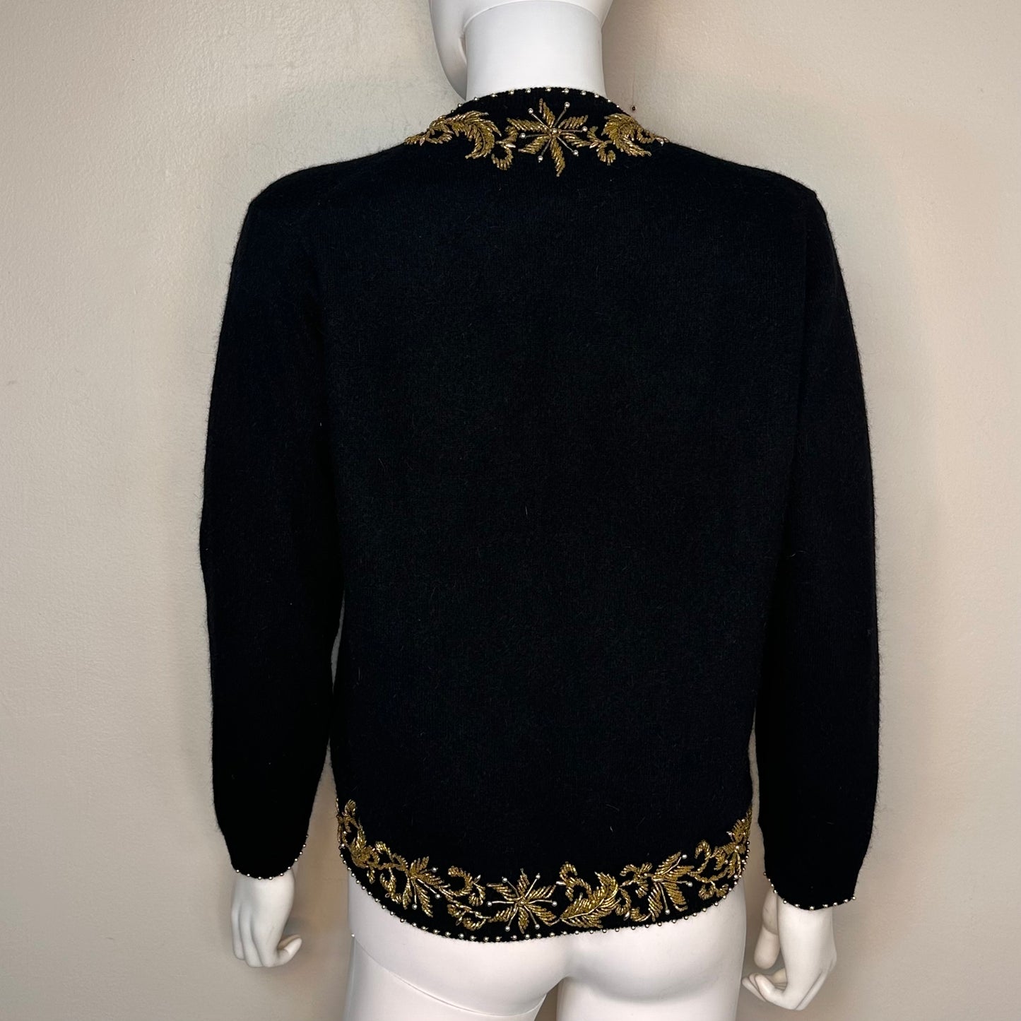 1960s Black Angora Blend Cardigan with Gold Beading, Marshall Field & Company Size Medium