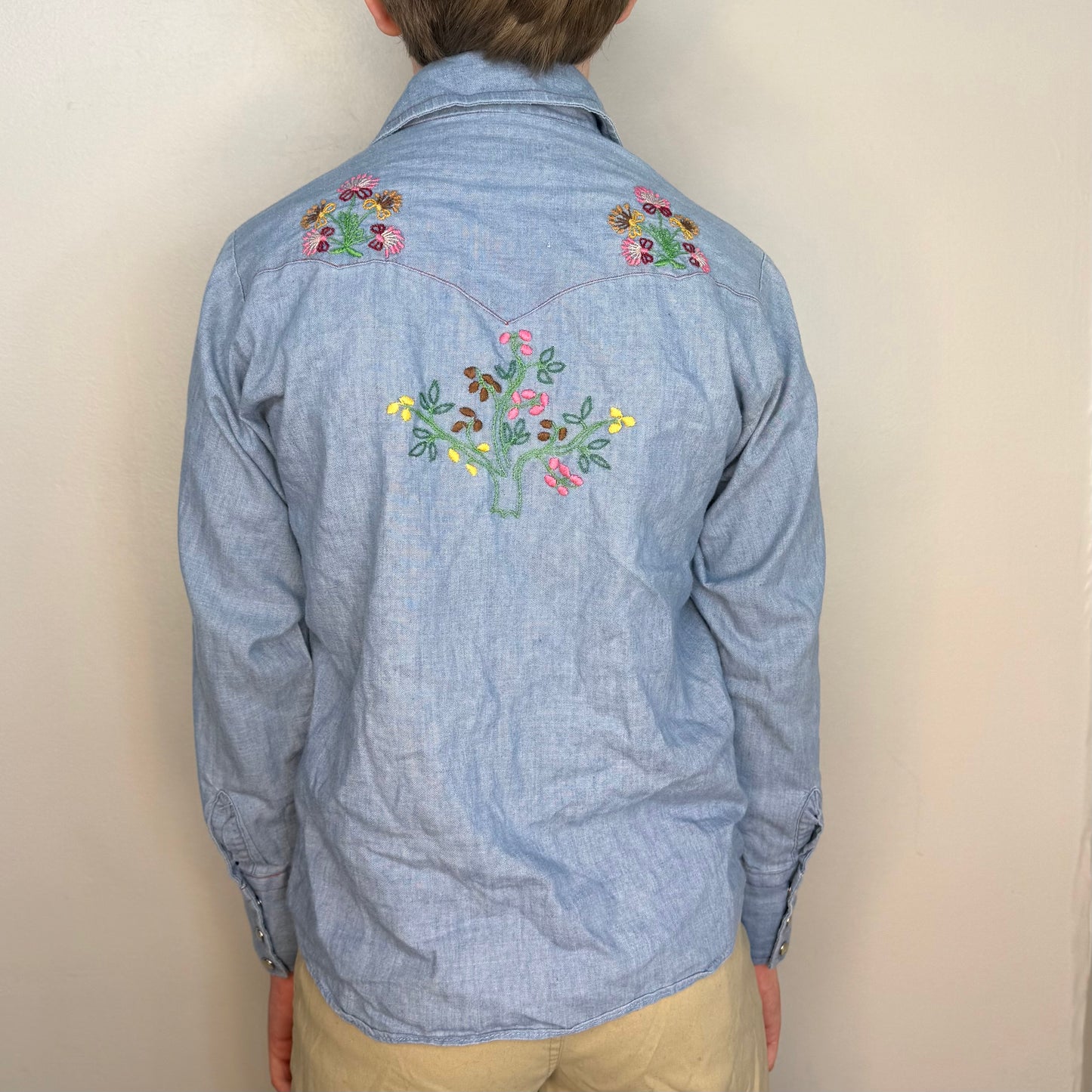 1970s Kids’ Chambray Shirt with Floral Embroidery, Miller Western Wear Size 10/12