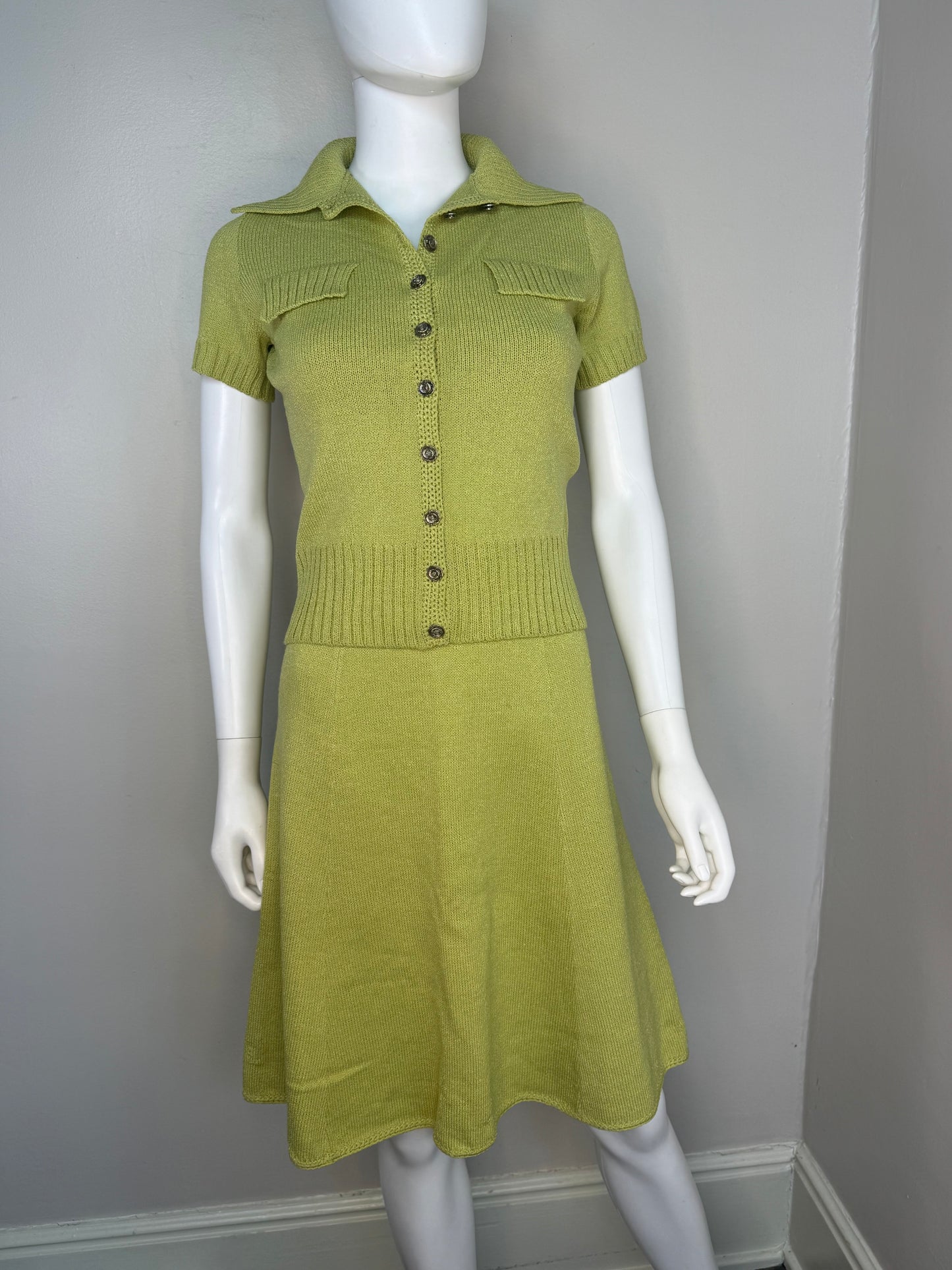 1960s/70s St John Knits Green Sleeveless Sweater Dress and Matching Short Sleeve Cardigan, Size XS-Small
