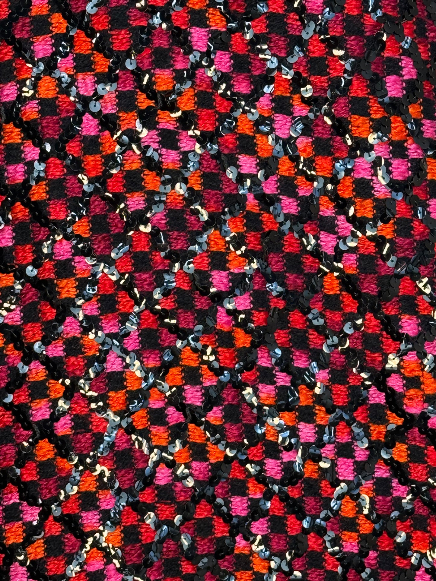 1970s Sequin Maxi Dress, Calderon Size X-Small, Black and Red Orange and Pink Check