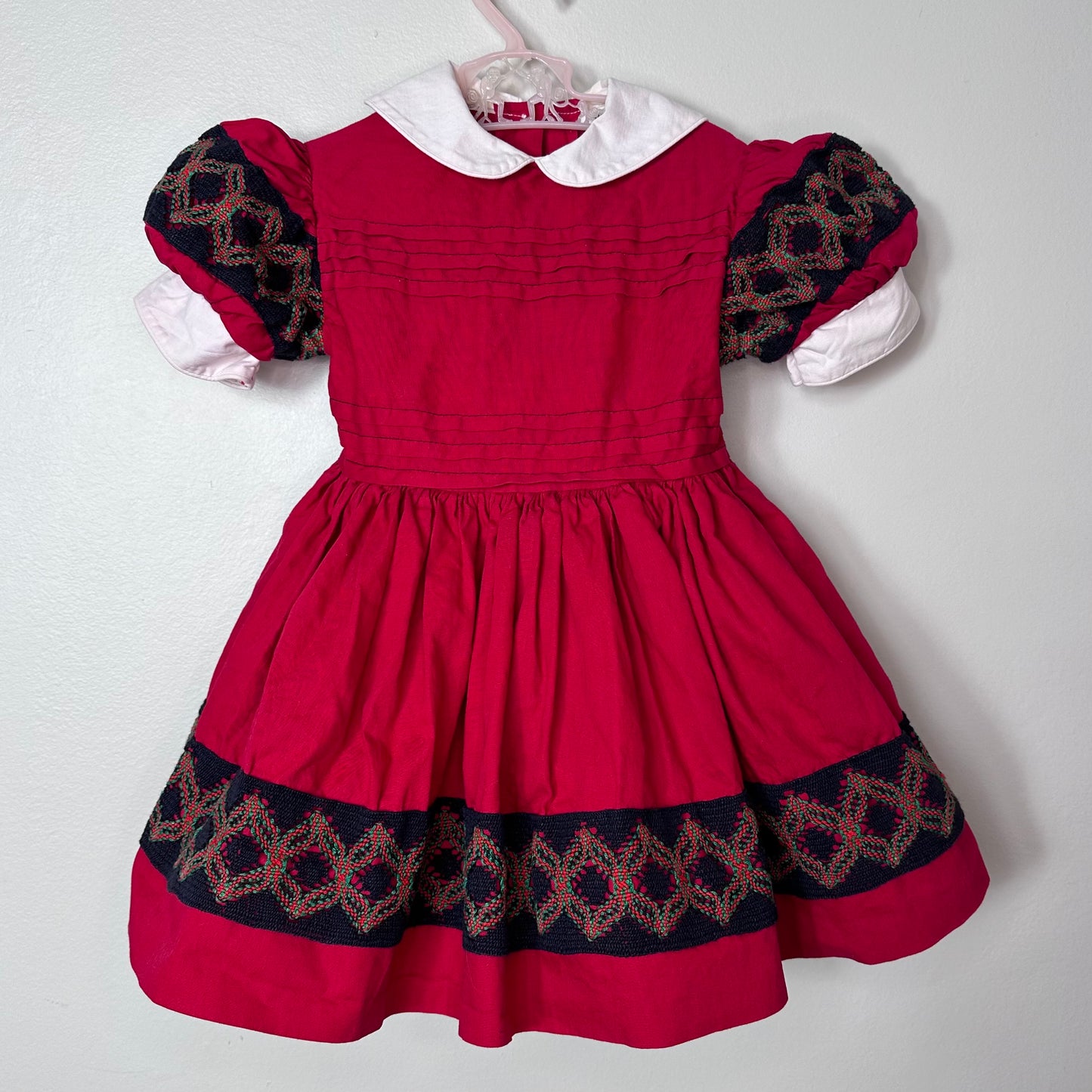 1950s Girls’ Red Cotton Dress, Little Miss Heidi Size 3/4t, Full Circle Skirt