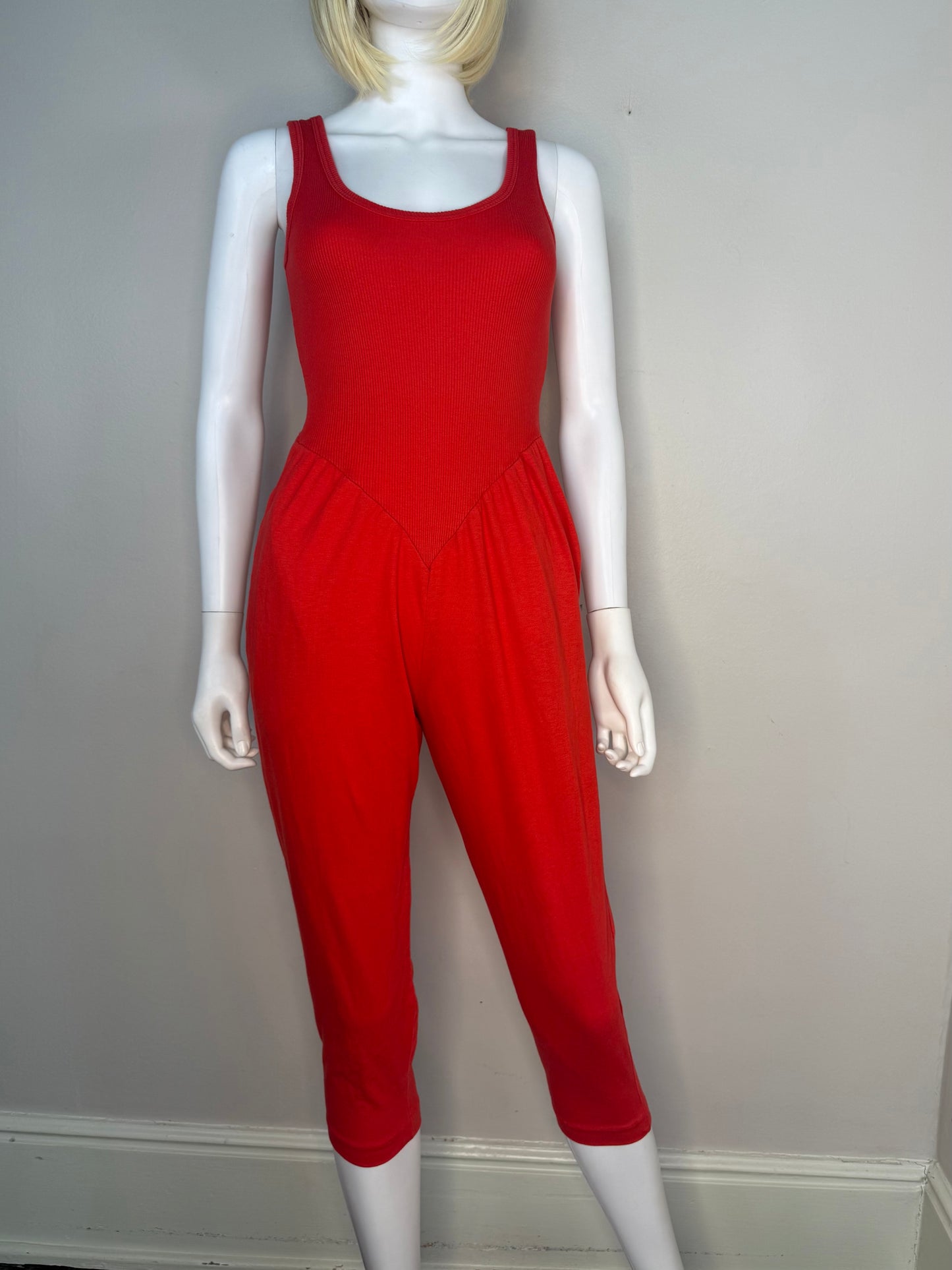 1980s Red Knit Jumpsuit, Hang Ten Size XS/Small, Sleeveless, Capri