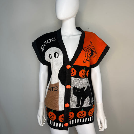 1990s Halloween Sweater Vest Cardigan, Sweater Loft Size Medium, Treat Bag Large Pocket, Ghost, Black Cat, Spider Web, Jack-o-Lantern