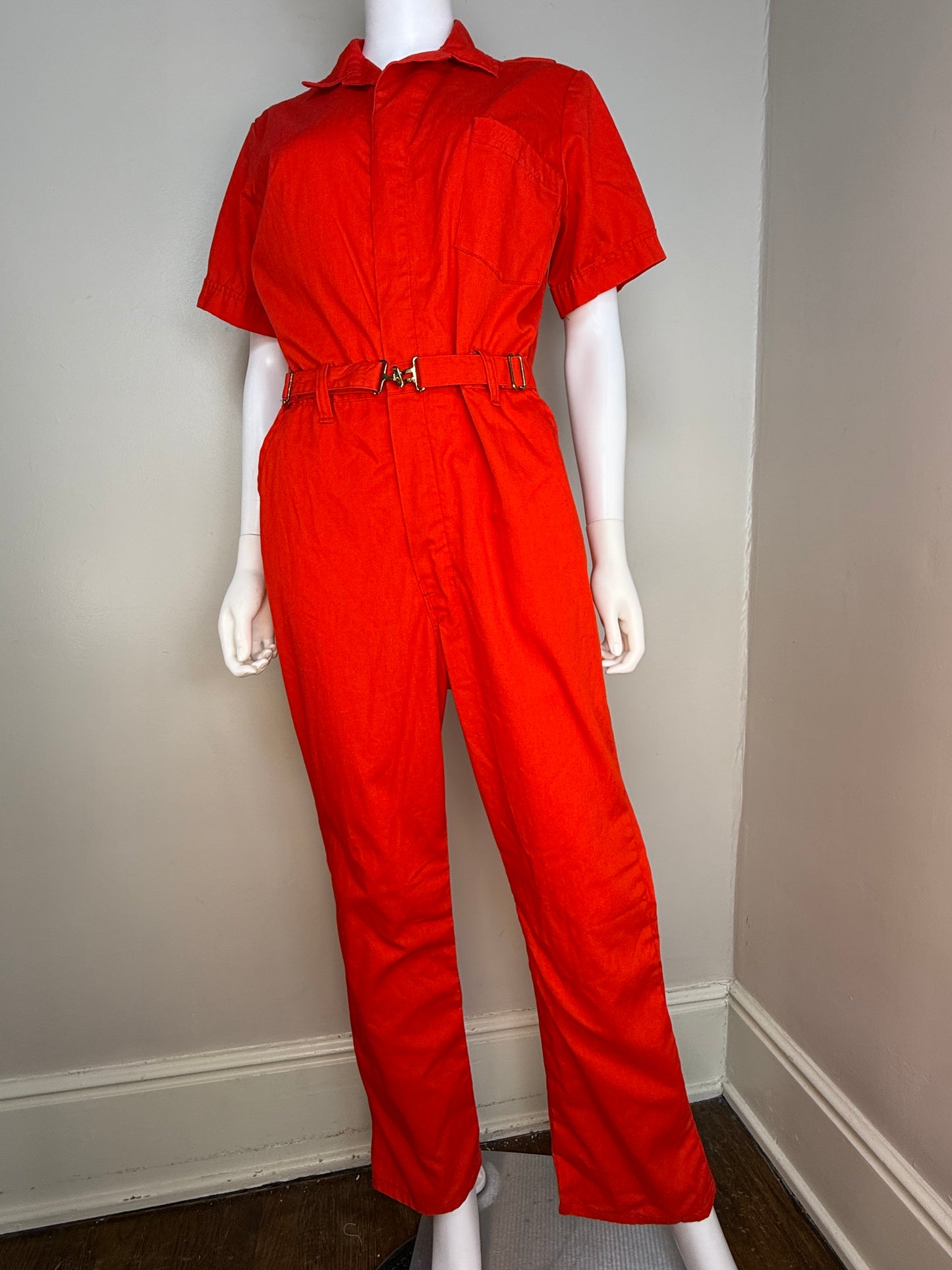 1970s Women’s Coveralls Jumpsuit, Red Short Sleeve, Embroidered, Lexington Fire Dept Rescue Squad, Boiler Suit, S&H Uniforms Size Medium