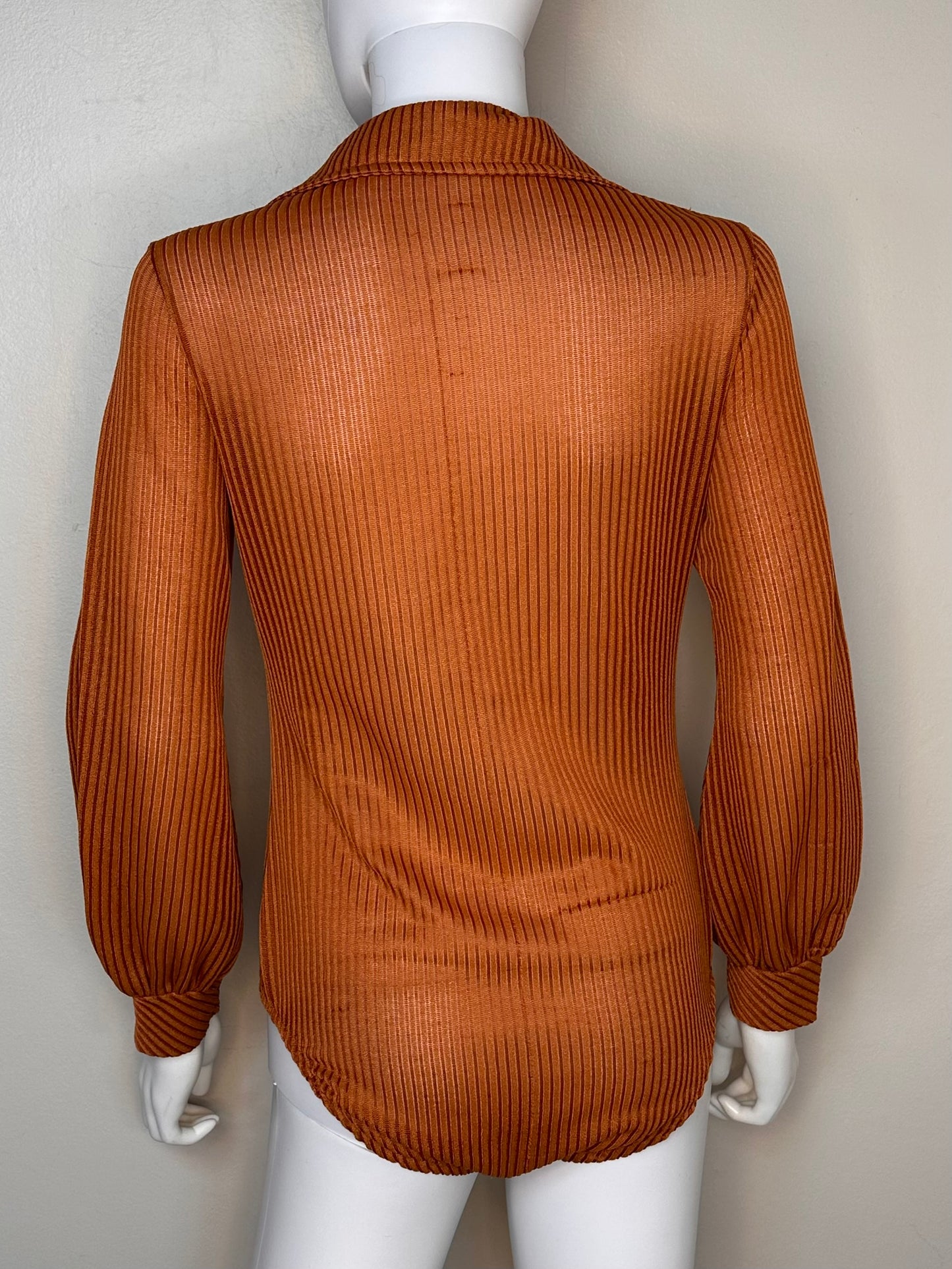 1970s Chestnut Brown Ribbed Long Sleeve Bodysuit with Large Pointed Collar, Jump Shirt Size Medium