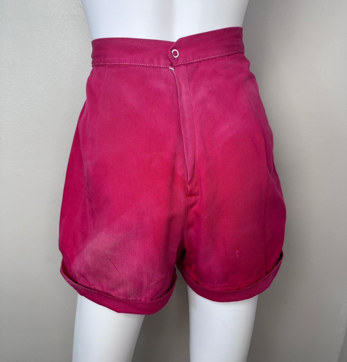 1950s Red Denim Shorts. High Waisted, Cuffed, Back Zip, Faded, Distressed