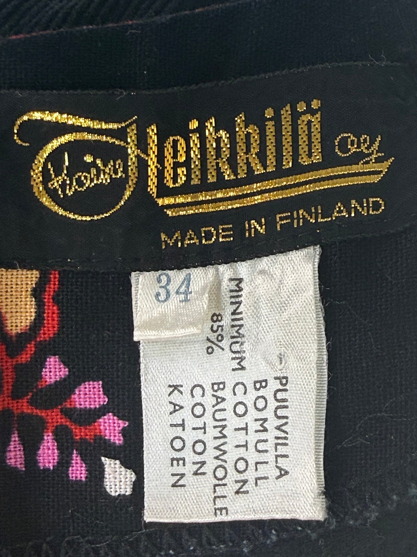1970s Black Floral Cotton Long Sleeve Maxi Dress, Kaisu Heikkilä Oy Finland Size X-Small, Corduroy Bodice