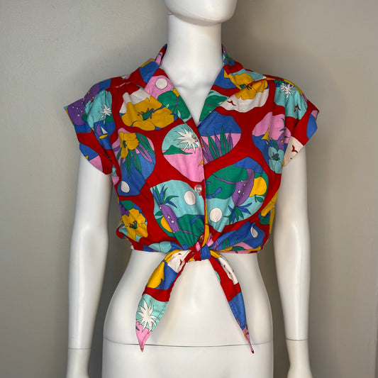 1980s Cropped Tie Front Blouse, Size S/M, Tropical Print Top
