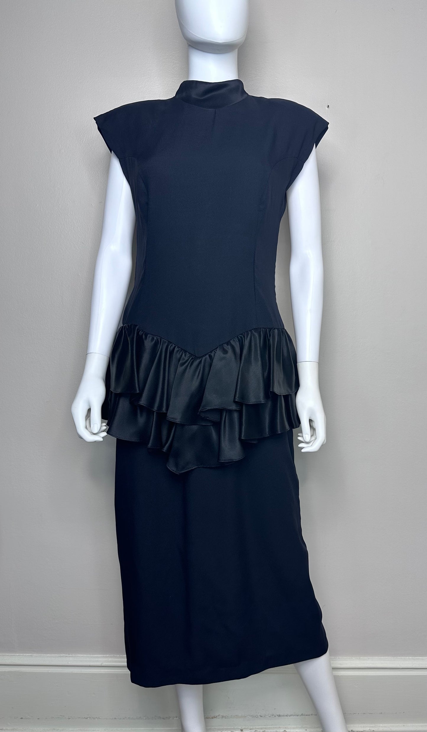 1980s Black Drop Waist Dress, Ruffle Peplum, All That Jazz Size Medium