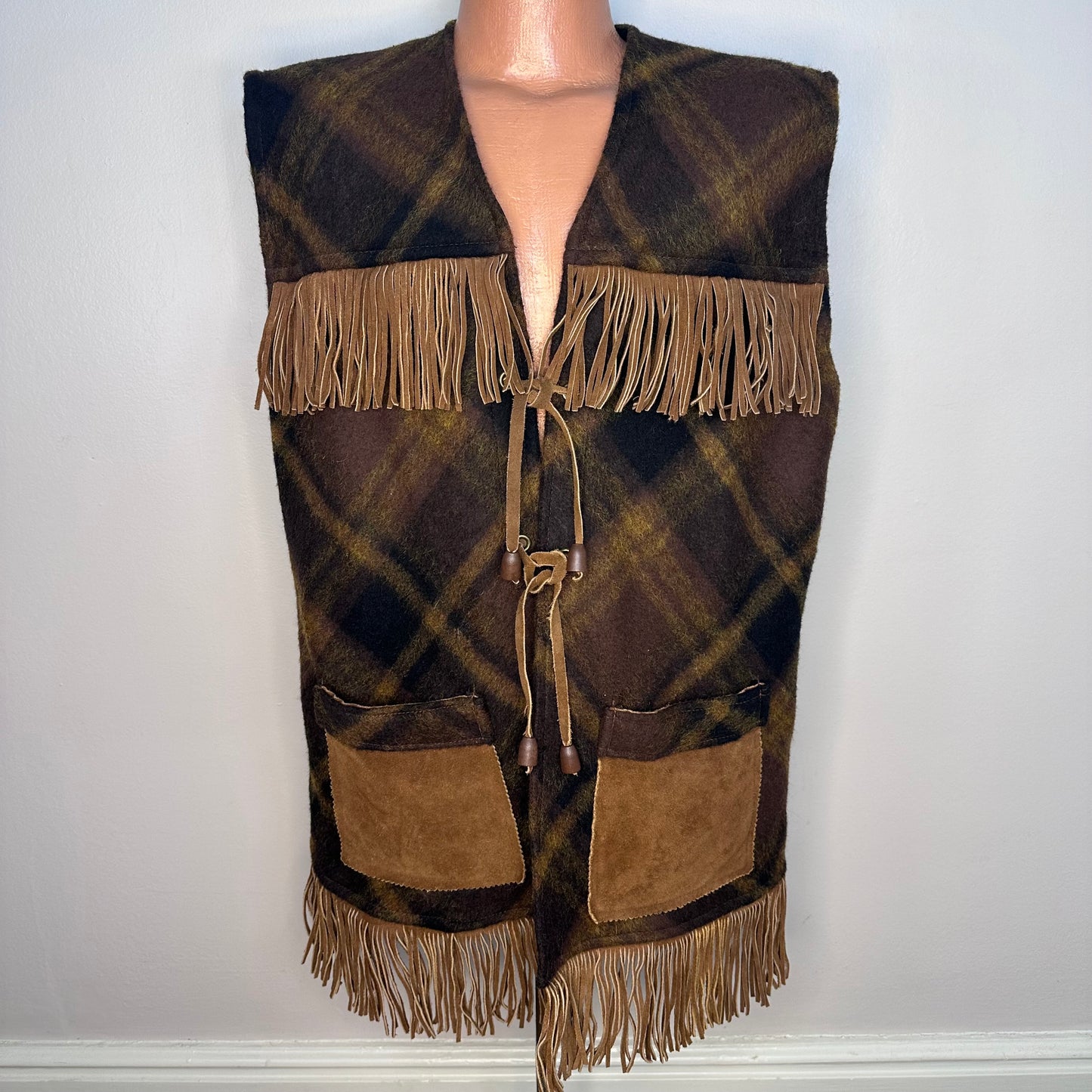 1970s Plaid Vest with Leather Fringe Trim, Pioneer Wear Albuquerque Size Large