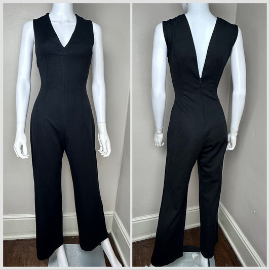 1970s Black Sleeveless V Neck Jumpsuit, Handmade Size Small