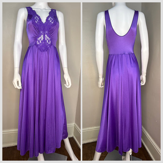1970s Purple Nightgown with Full Sweep, Lace Cut Out Bodice, Lorraine Size XS-Small