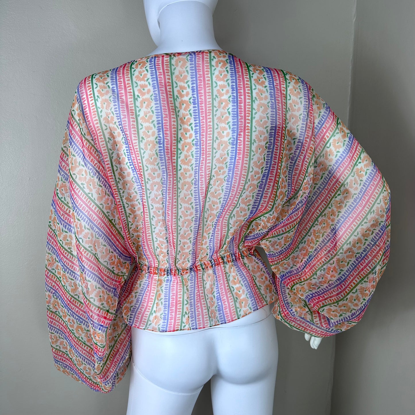 1970s Sheer Floral Stripe Blouse with Balloon Sleeves, Size XS-Small