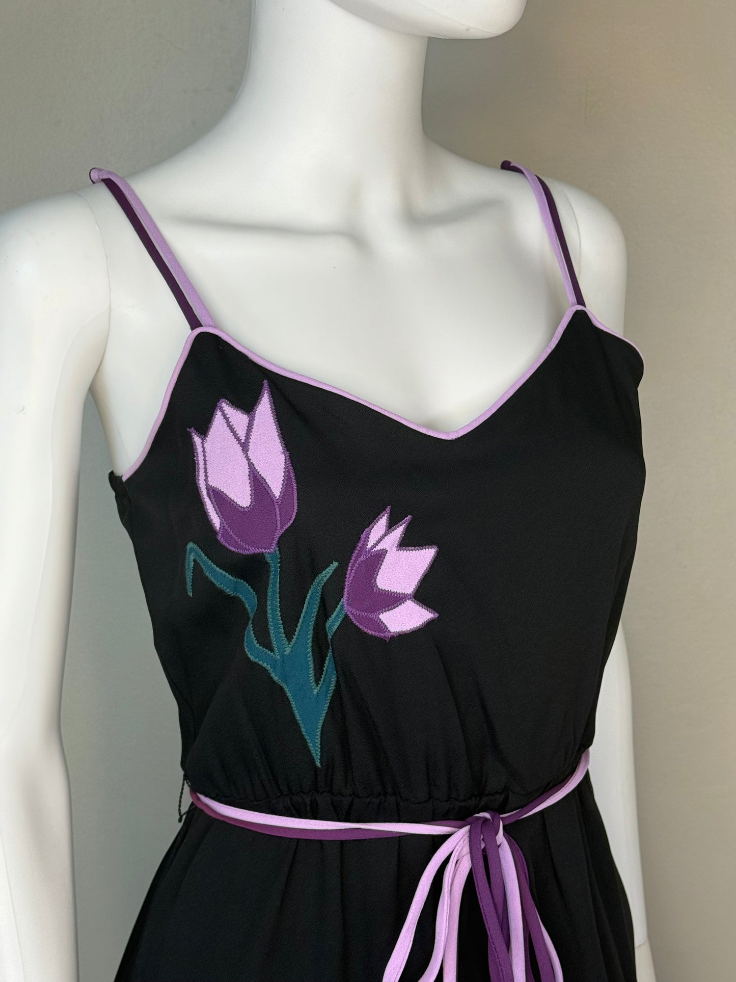1970s/80s Black Sundress with Floral Applique, My Colours Dress Size Small