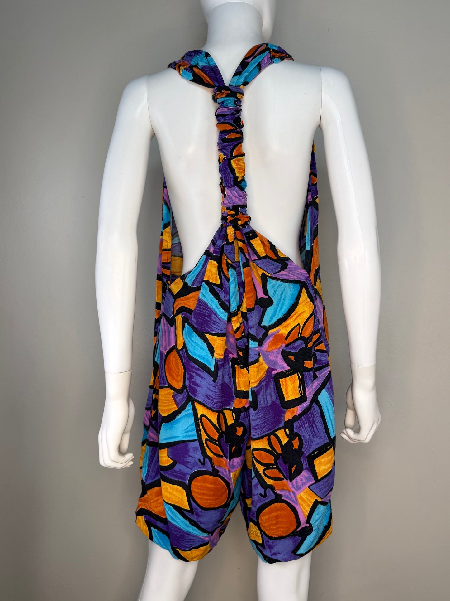 1990s Bright Abstract Print Romper, Sleeveless, One Size Fits Many
