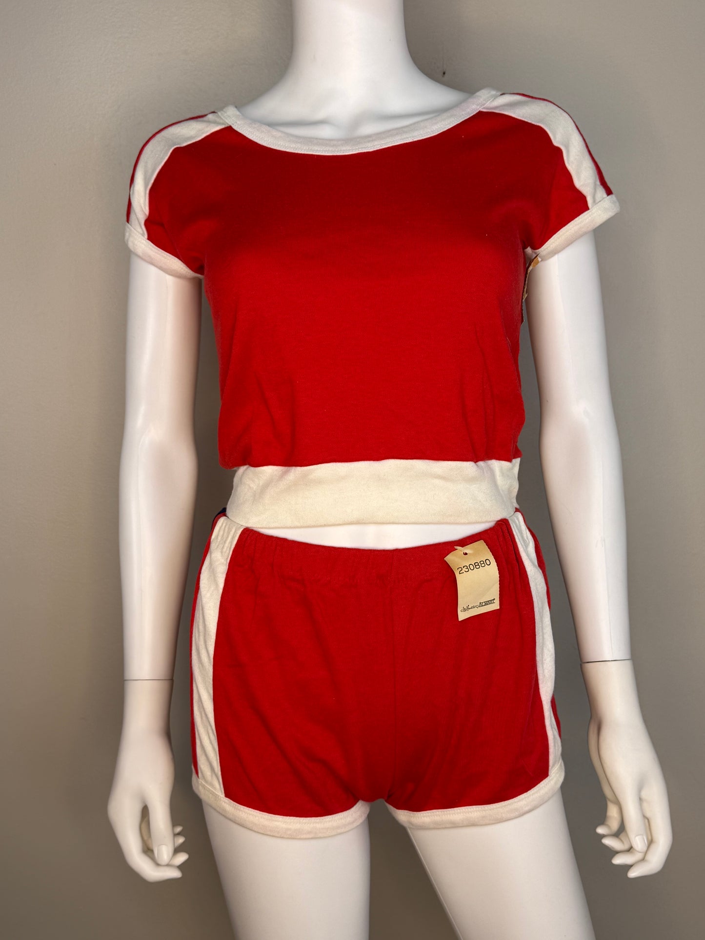 1970s/80s Red Knit Top and Shorts Set with Blue and White Stripes, Size XS-Small, Deadstock