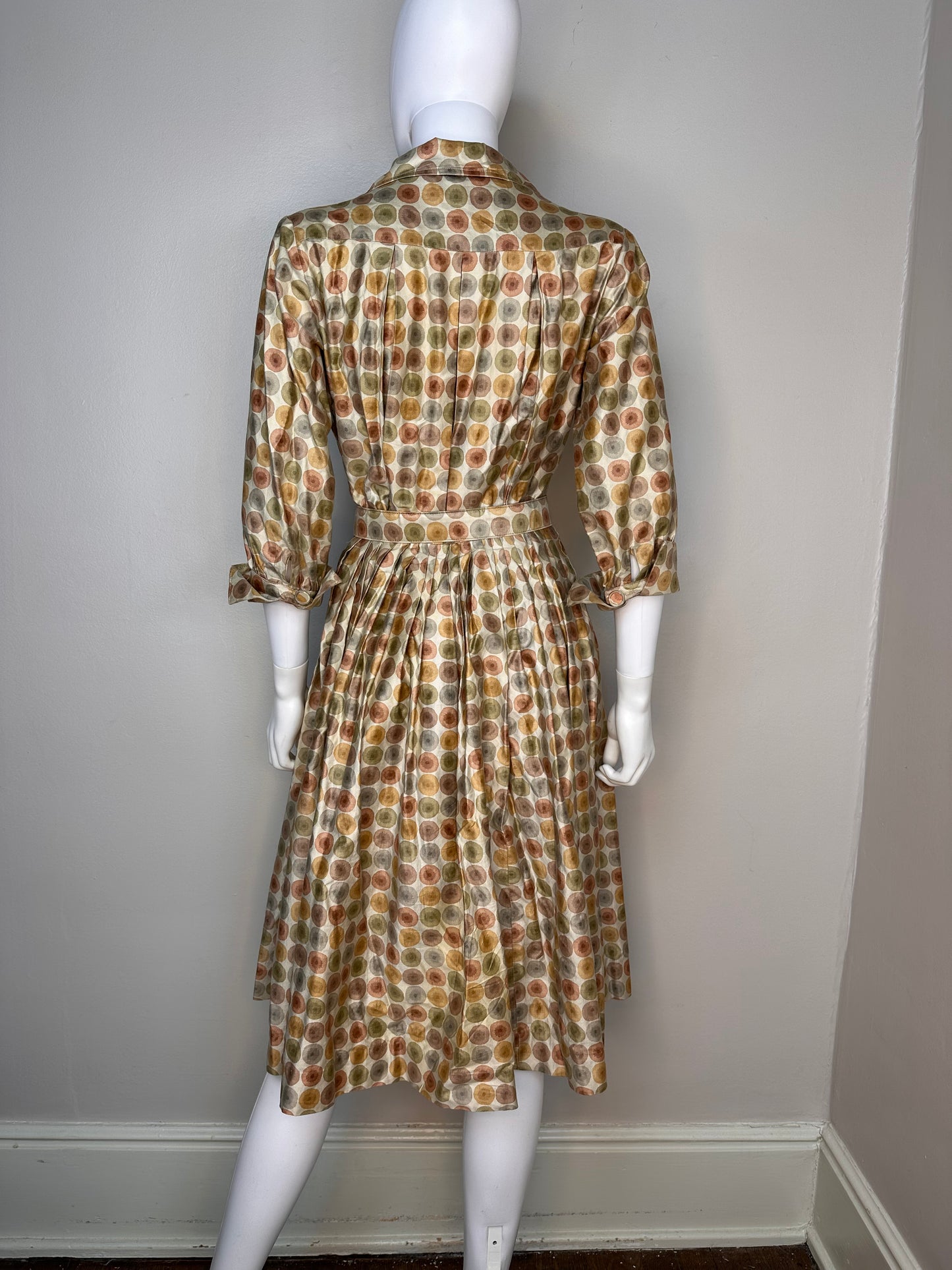 1950s/60s Mocha Polka Dot Shirtwaist Dress with Full Skirt, Wendy Woods Size XS