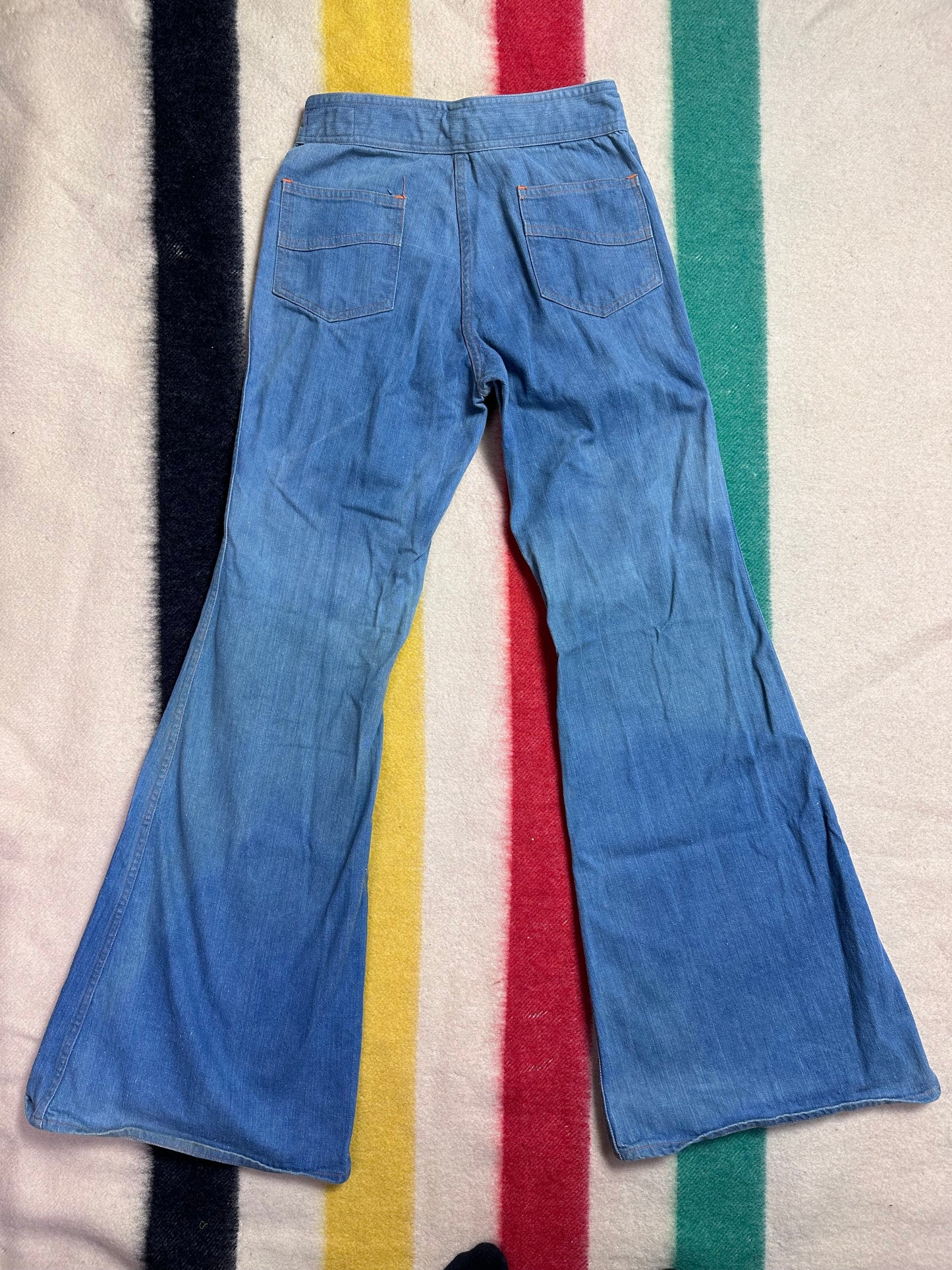 1970s Double Zipper Bellbottom Jeans,  Outer Limits, 27.5"x34.5", Sailor Style Pants