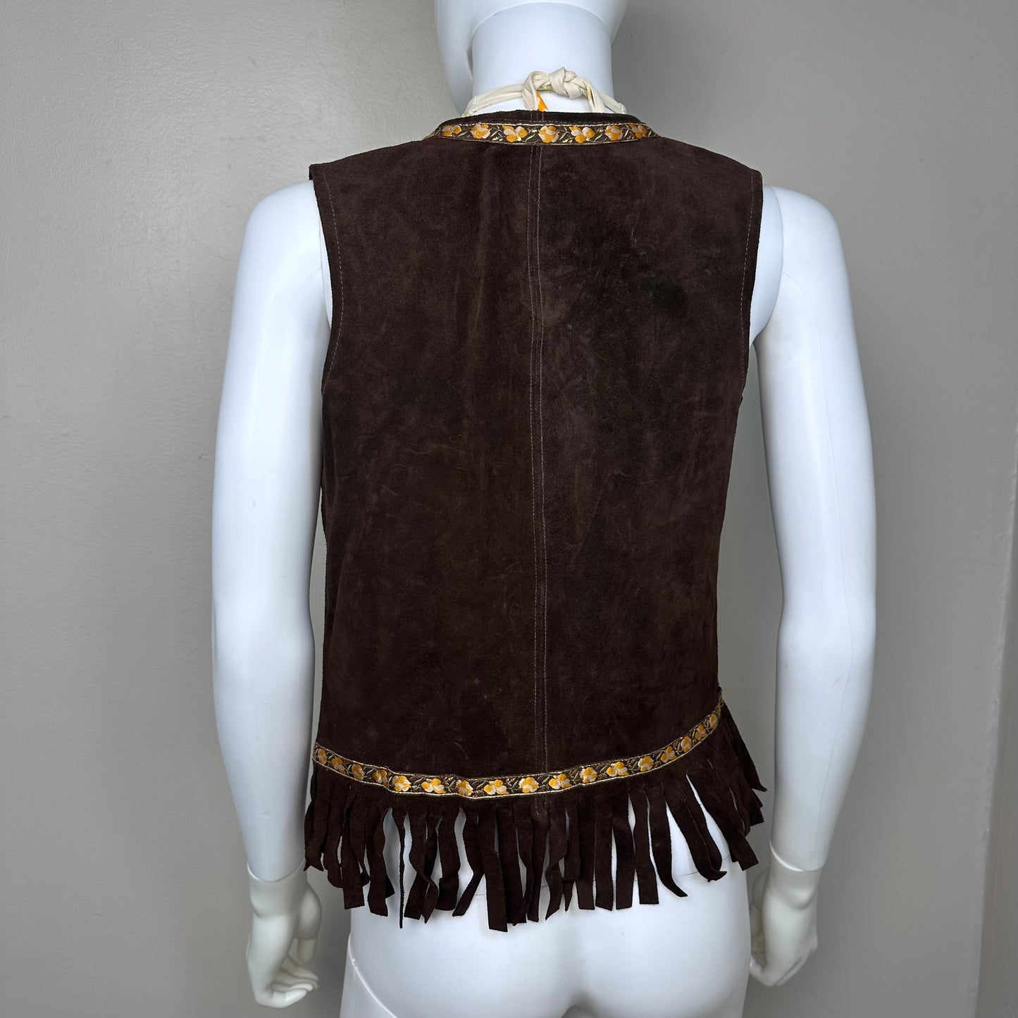 1960s Brown Leather Fringe Vest, Floral Trim, Jorgen’s Leather Design Size XS