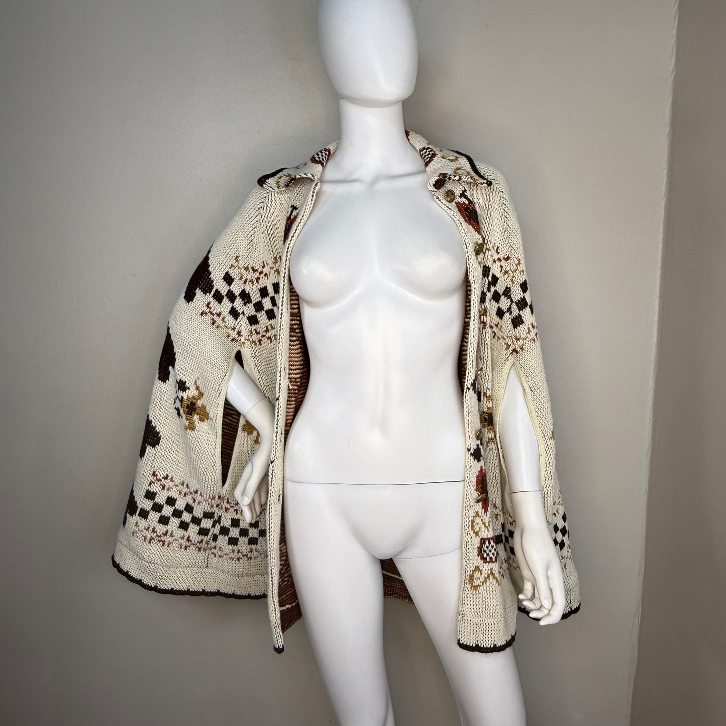 1970s Folk Art Knitted Cape, Sturbridge by Roosevelt, Open Sizing