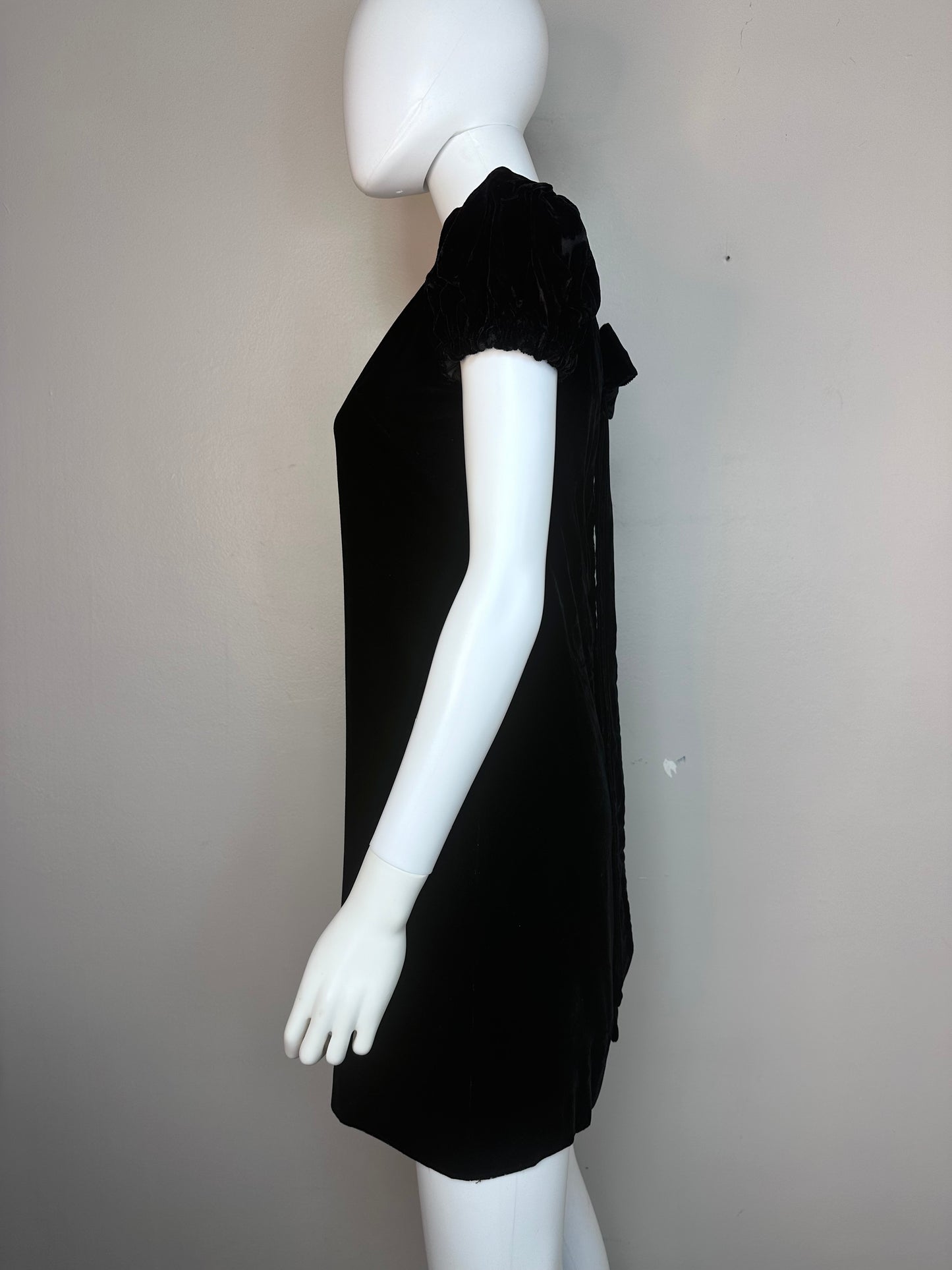 1960s Black Velvet Mini Dress with Puff Sleeves, Size XS, Back Bow