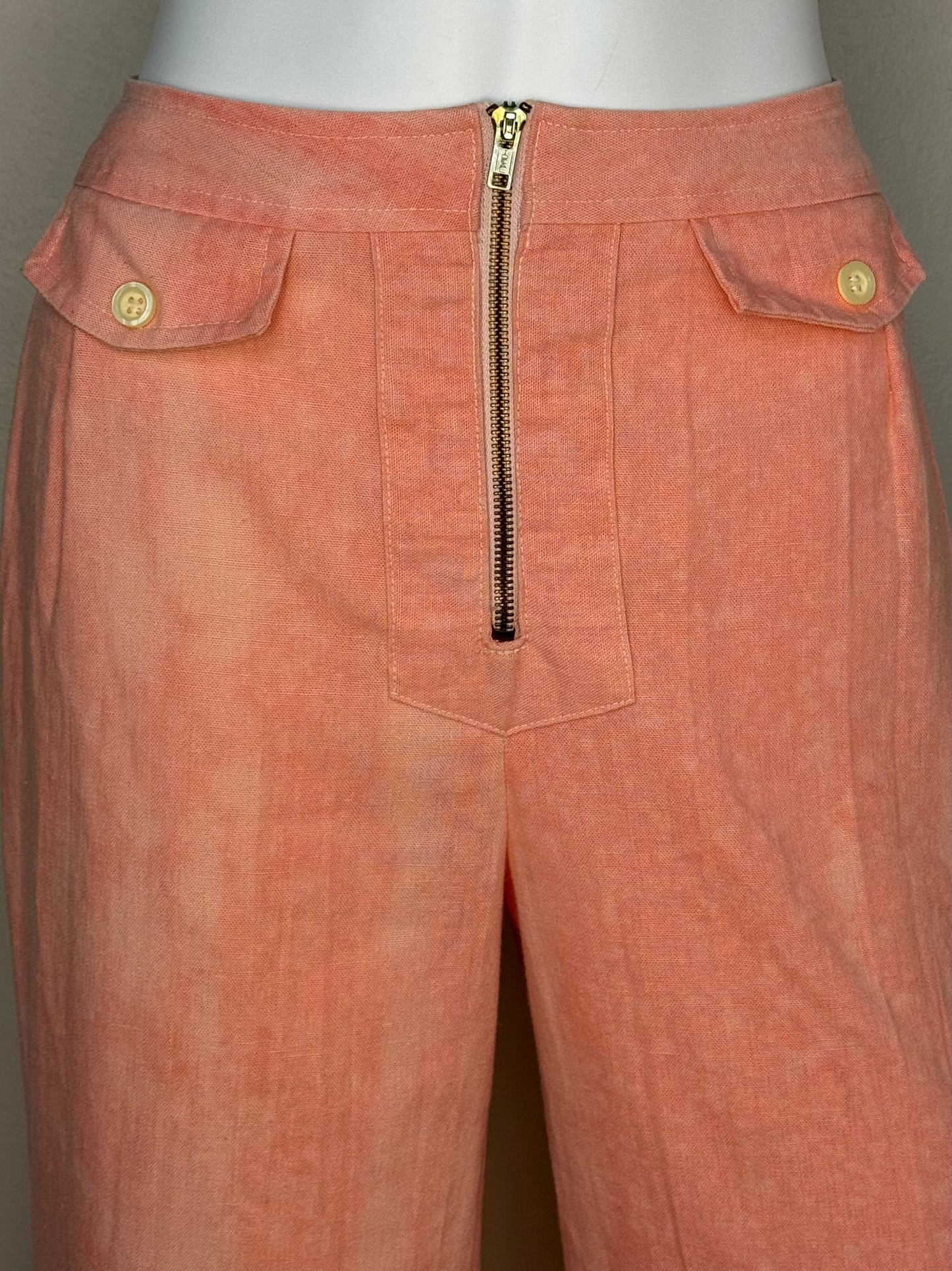 1970s Pastel Salmon Pink Bell Bottom Pants, Wrangler Jeans, 24.5x30, High Rise, Tie Dye