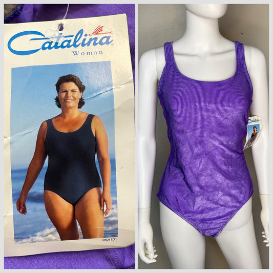 1990s Purple Ribbed Swimsuit, Catalina Woman Plus Size 2X-3X, Deadstock New with Tags