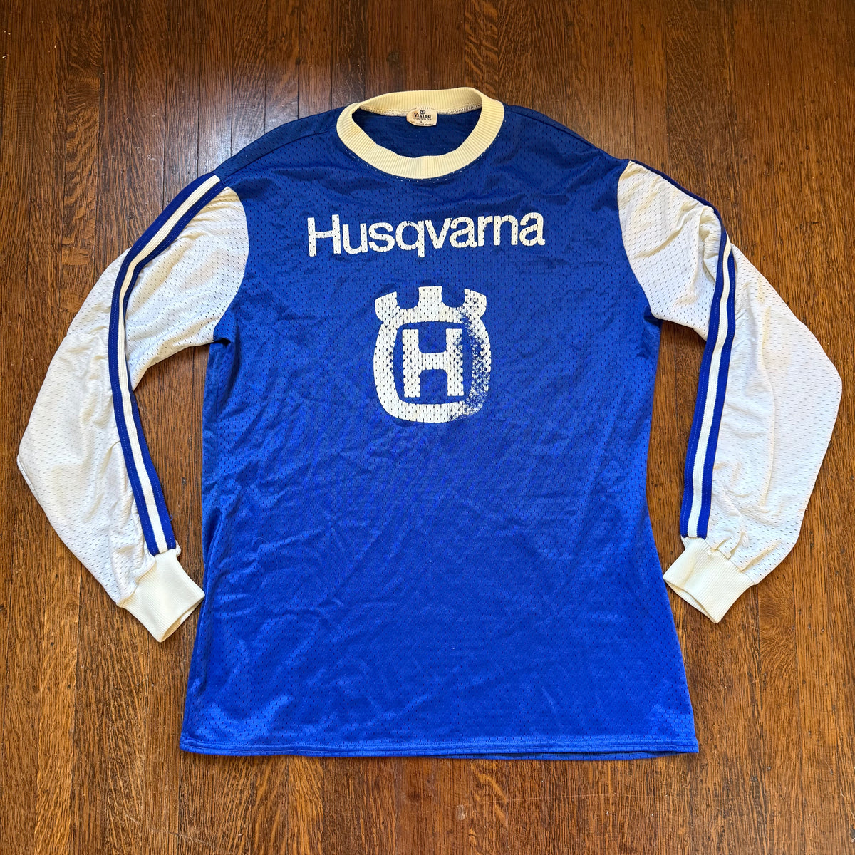 1970s Blue and White Mesh Motocross Husqvarna Jersey, Viking Size Large