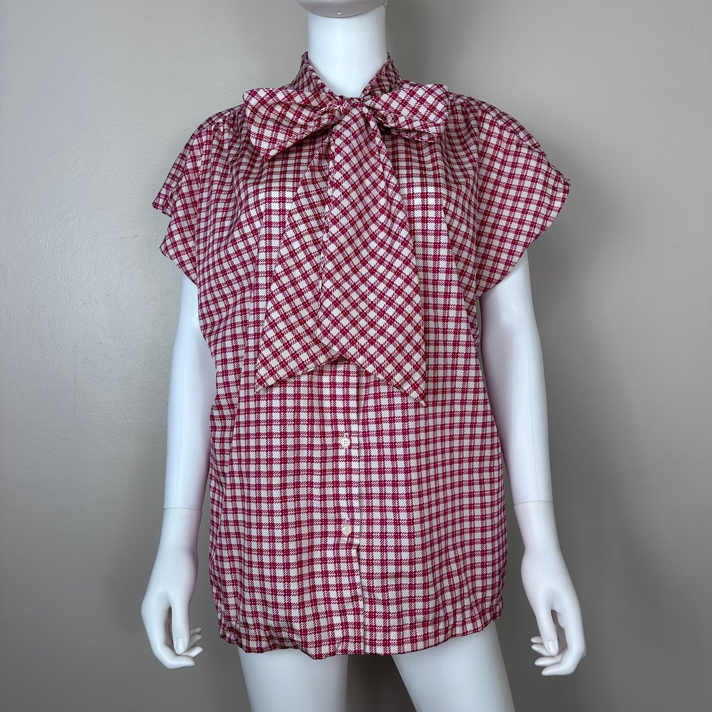 1970s Raspberry Plaid Sleeveless Bow Blouse, Laura Mae Size 1X/2X