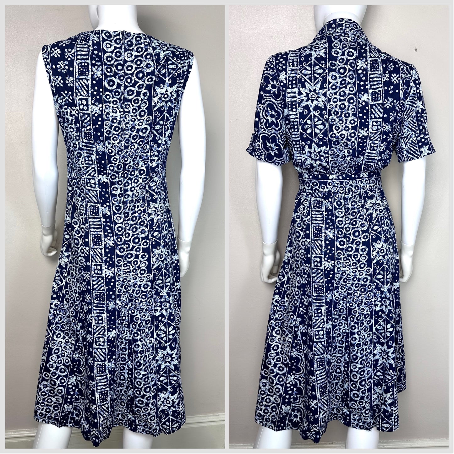 1960s/70s Batik Print Dress Set  Handmade Size Small, Sleeveless Dress and Tie Front Blouse