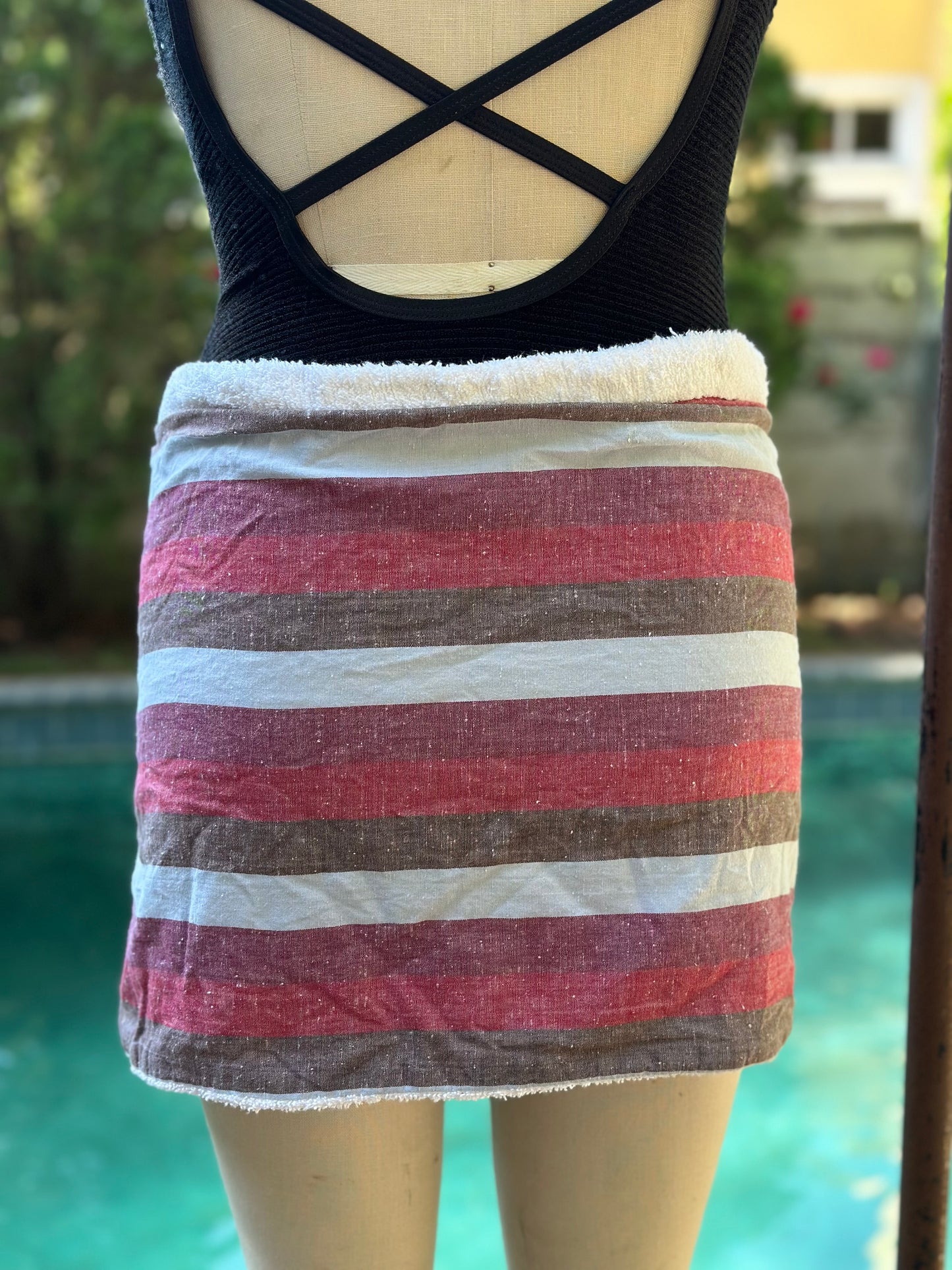 1960s Pleetway Towel Lined Striped Beach Kilt, Swimsuit Cover Up, Terrycloth Wrap