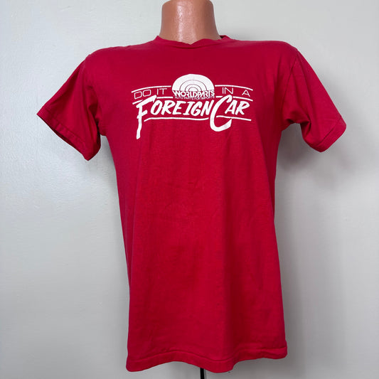1970s Do it in a Foreign Car T-Shirt, Sportswear Size Medium, Worldparts Auto Parts for Imports
