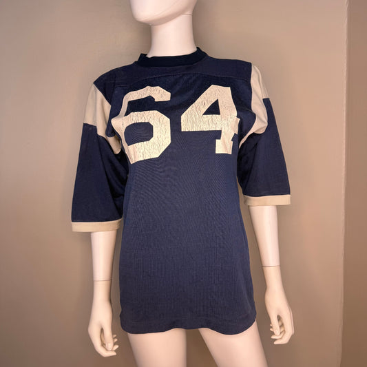 1970s Navy Blue Jersey, Champion Size Youth XL/Adult Small, No 64, Distressed