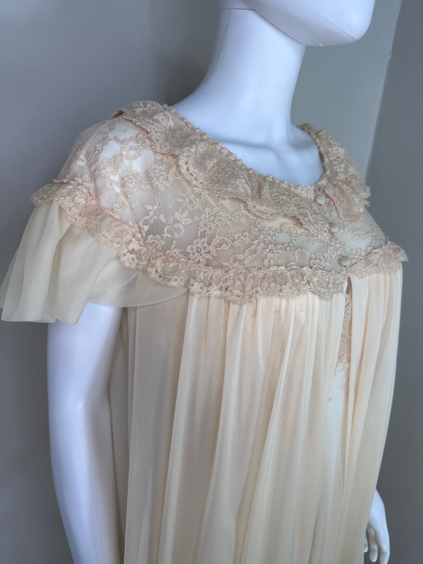 1950s Full Length Peignoir Set, Size Small, Sheer Cream Nylon, Lace, Vanity Fair, Night Gown and Robe