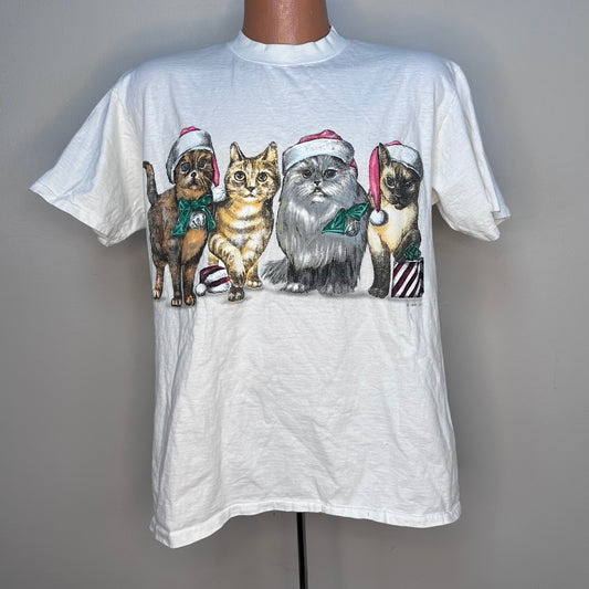 1990s Christmas Cats T-Shirt, Front and Back, Oneita Size Large, T-Shirt Loft