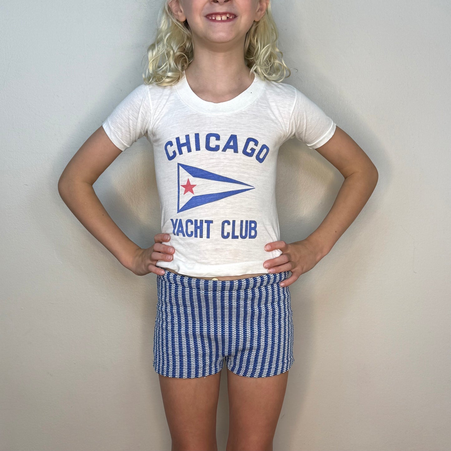 1970s Boys’ Blue Stripe Swim Trunks, Stretch Swimsuit Size 6/7