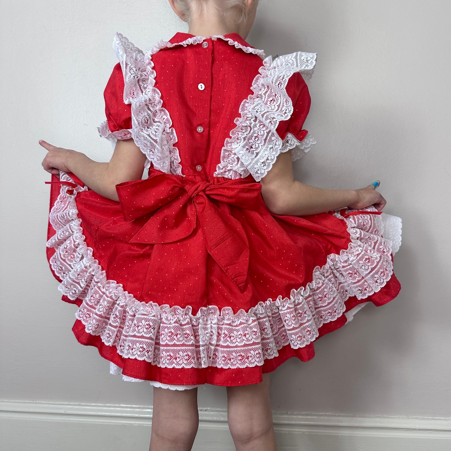 1980s Red Polka Dot Frilly Dress, Mini World Size 4