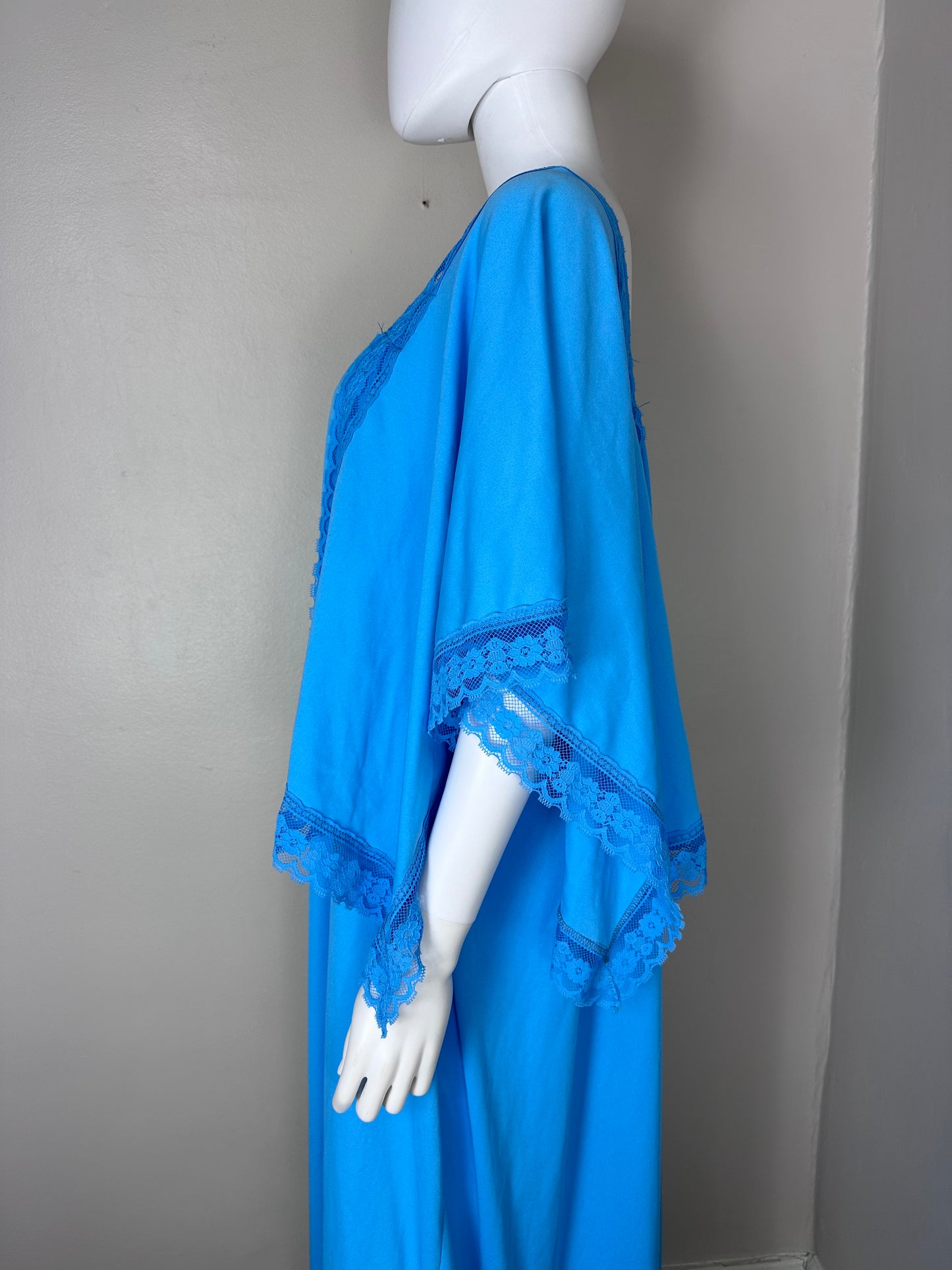 1970s Bright Blue Boho Maxi Dress with Large Handkerchief Sleeves, Size XXL, Muumuu Caftan