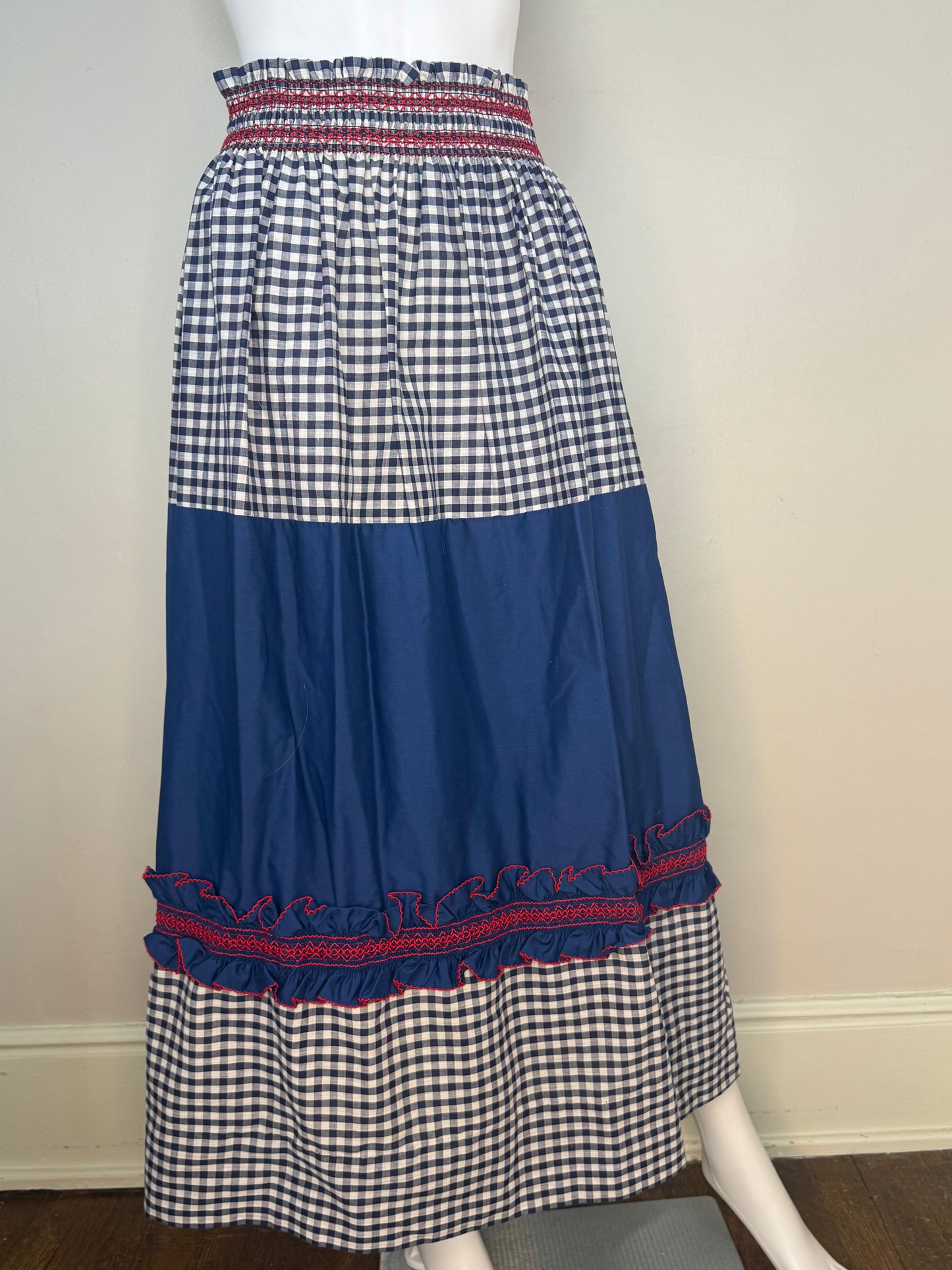 1970s Navy Blue Gingham Tiered Maxi Skirt, Handmade Size XS/Small