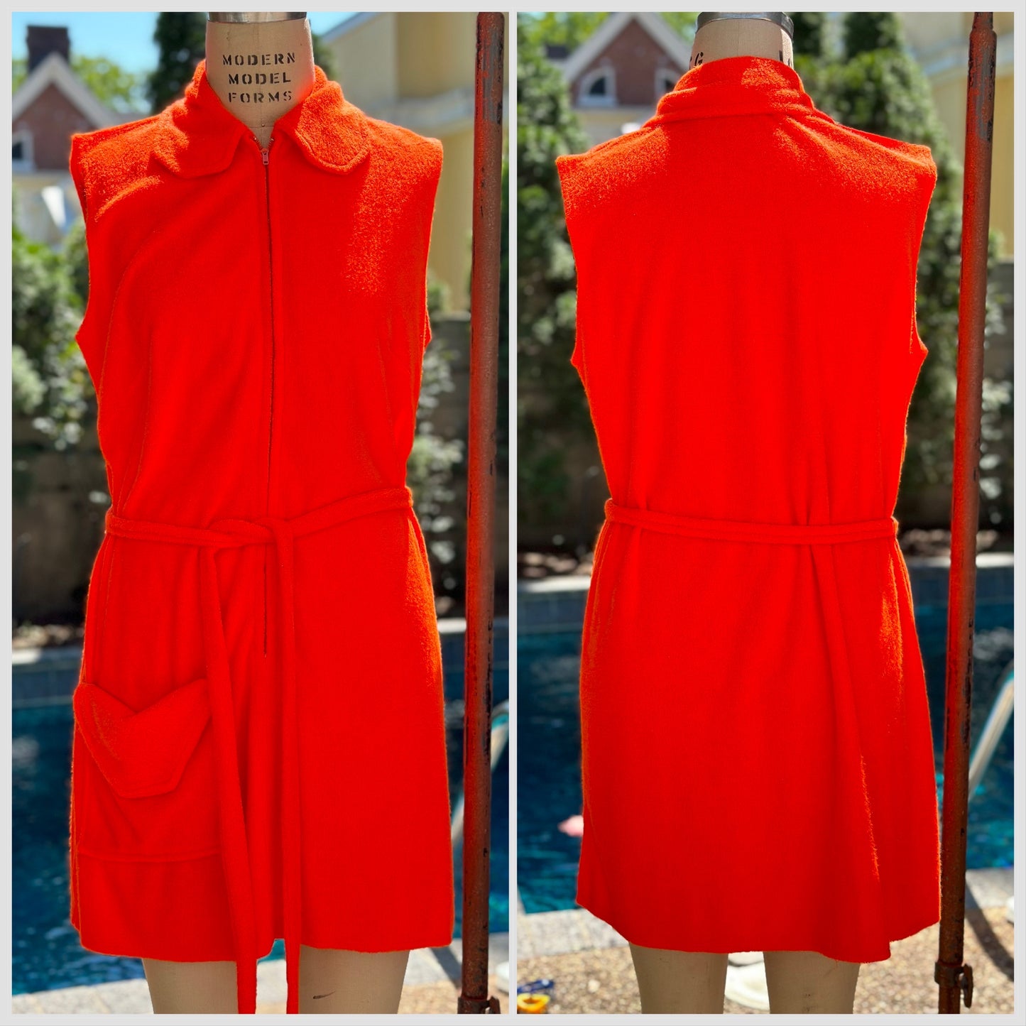 1960s Neon Orange Terrycloth Swim Cover Up Dress, The Twins Inc